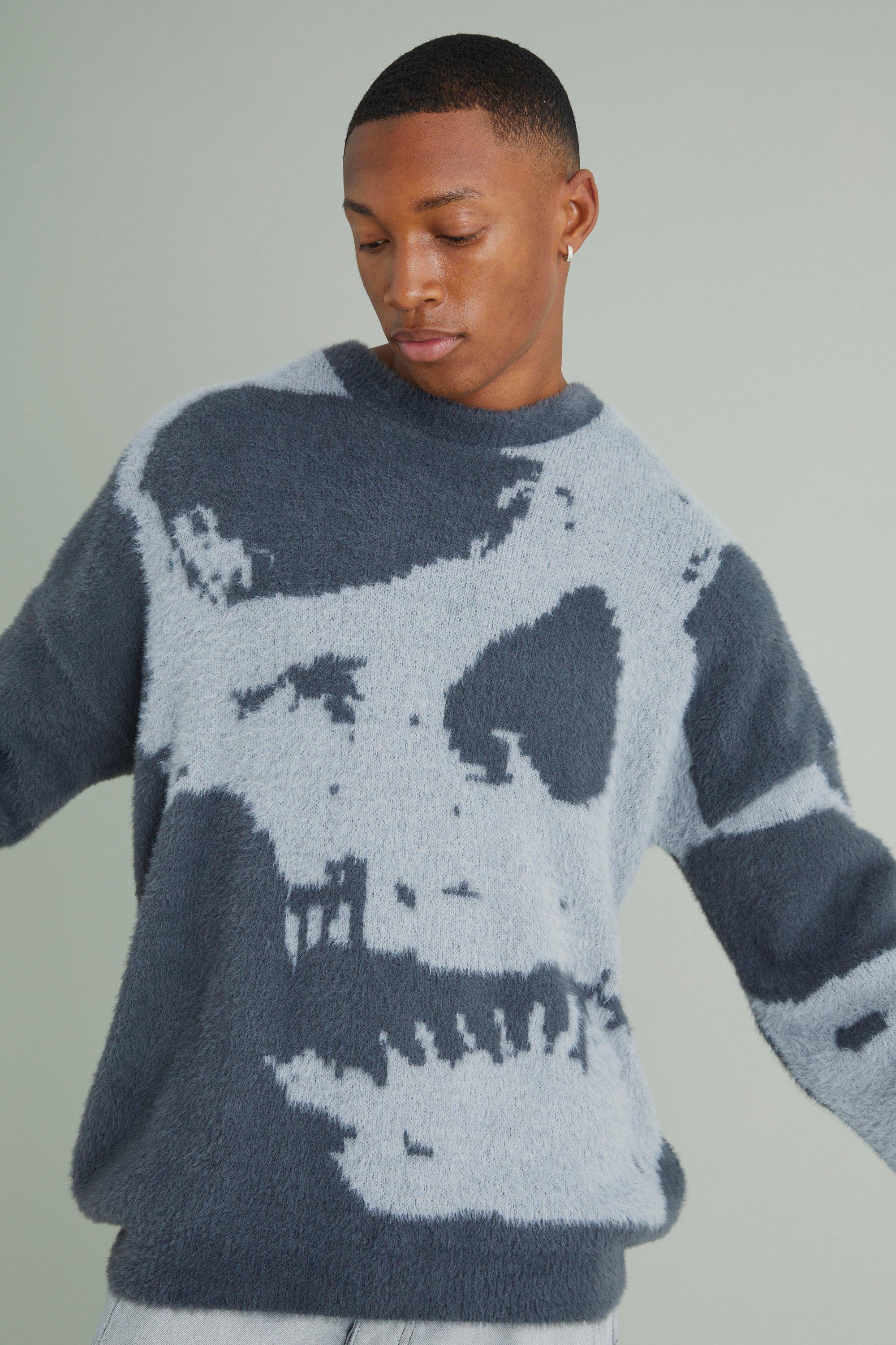 Oversized Fluffy Skull Knitted Sweater | boohooMAN USA