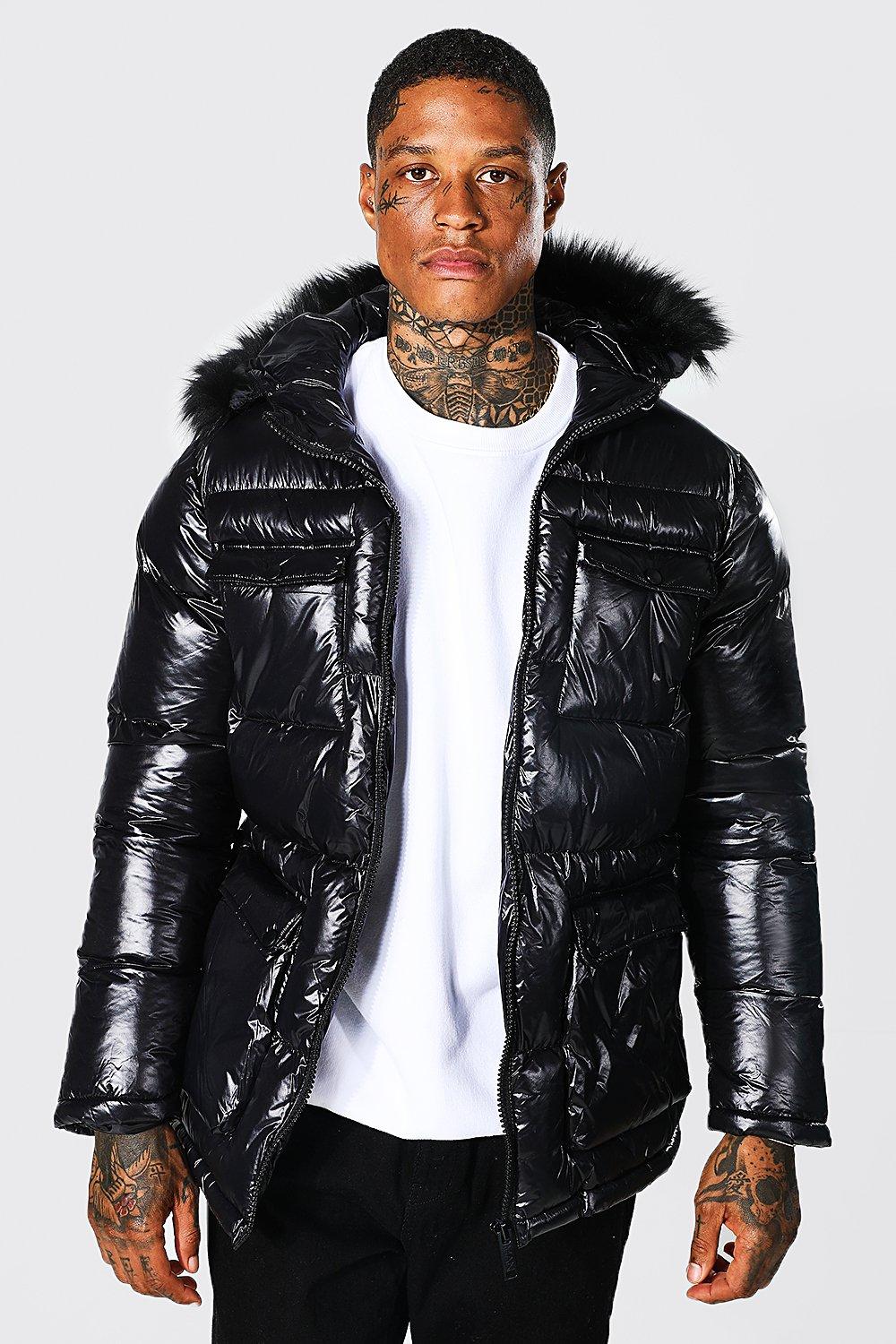 High Shine 4 Pocket Fur Trim Hood Parka boohooMAN