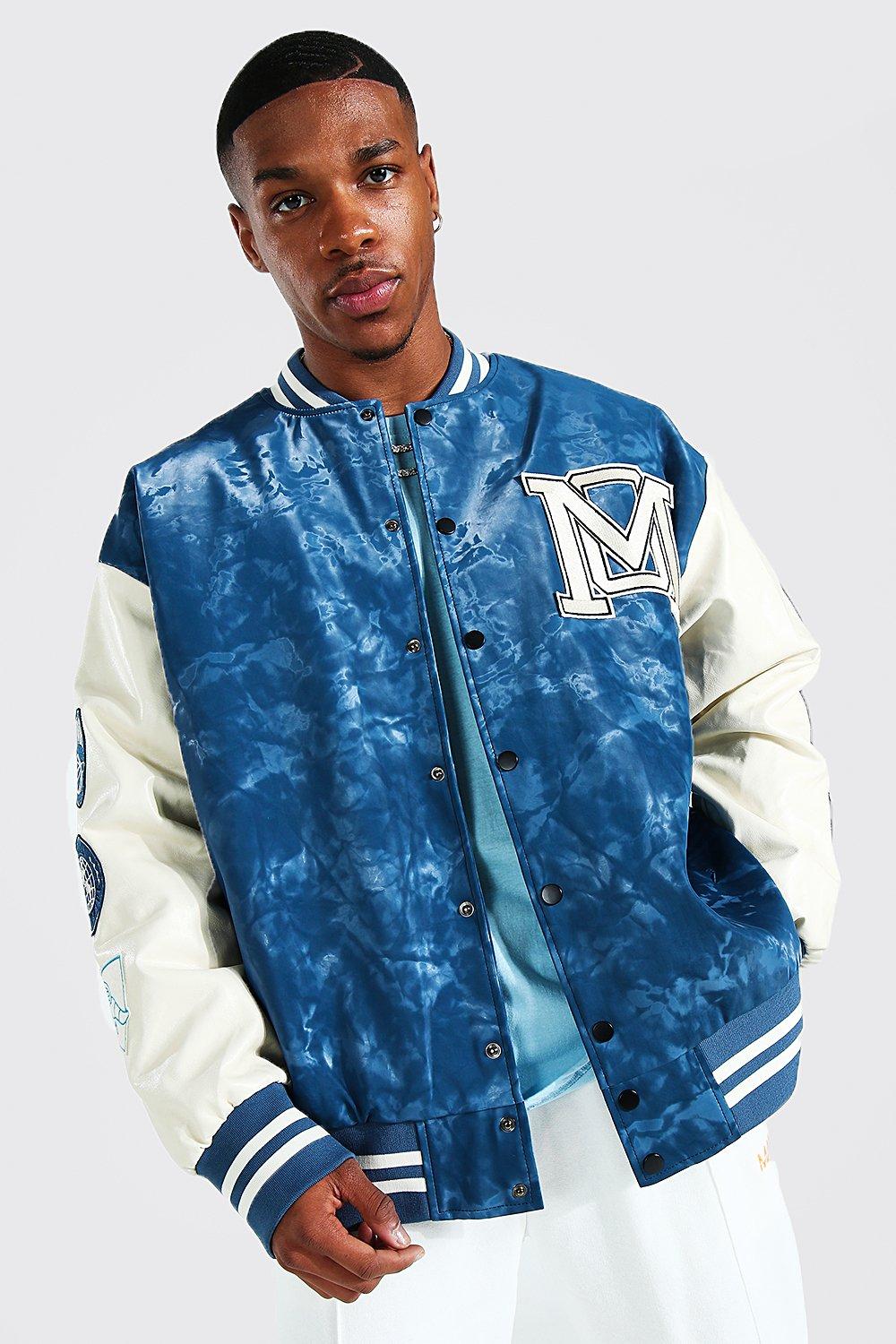 boohooMAN Mens Oversized Varsity Bomber Jacket - Blue