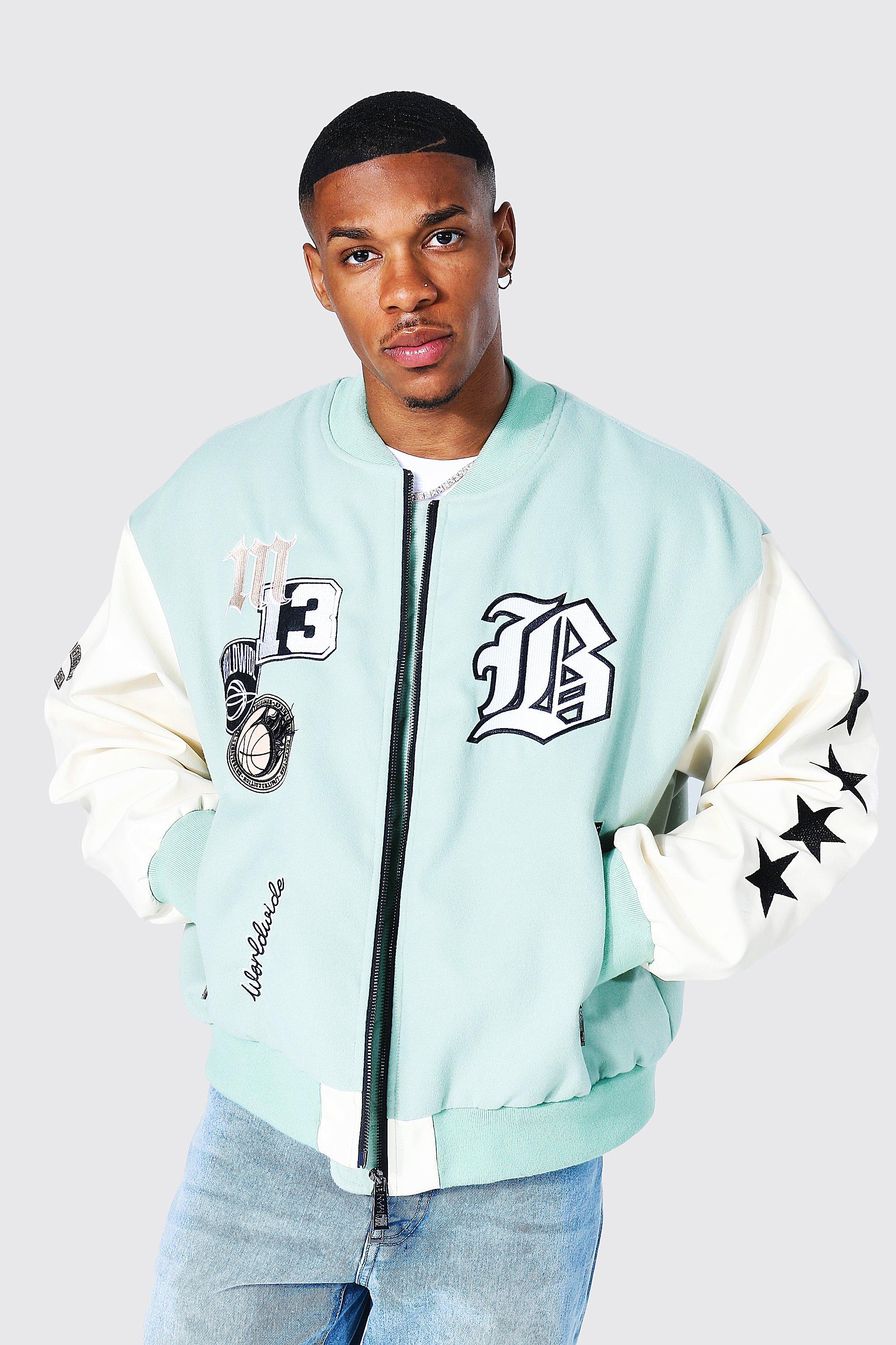 boohooMAN Mens Oversized Varsity Bomber Jacket - Blue