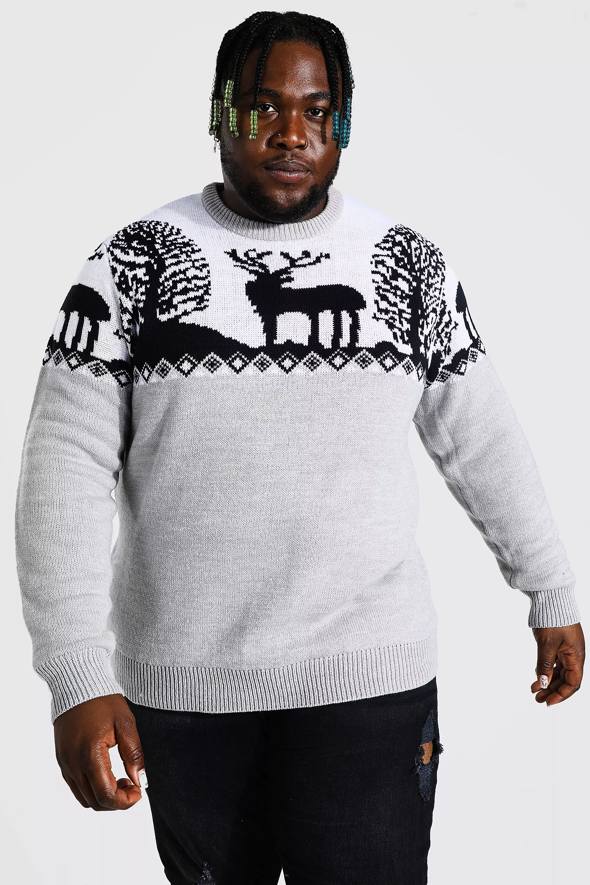 Plus Size Fairisle Knitted Christmas Sweater Grey marl
