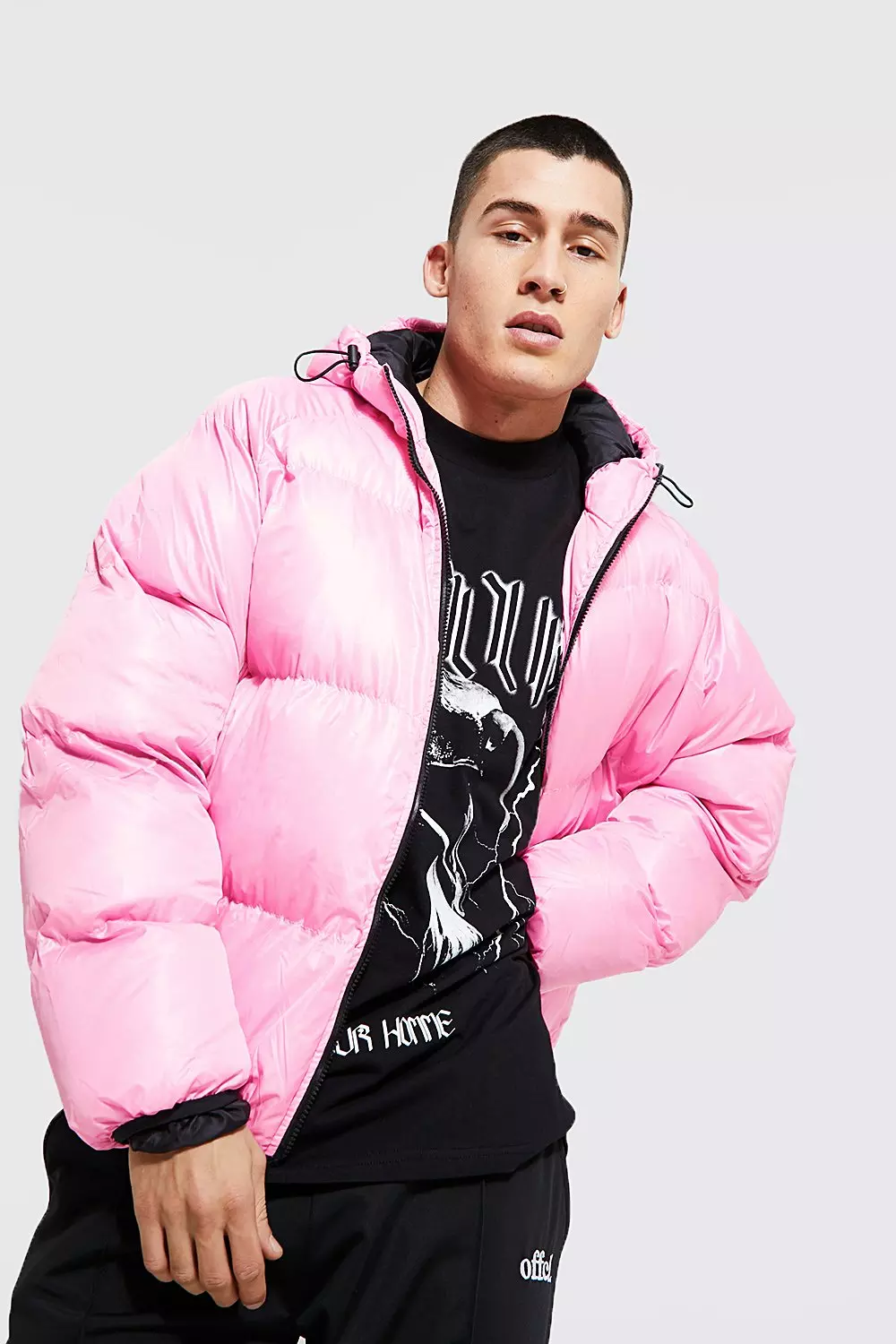 Pink puffer jacket mens on sale