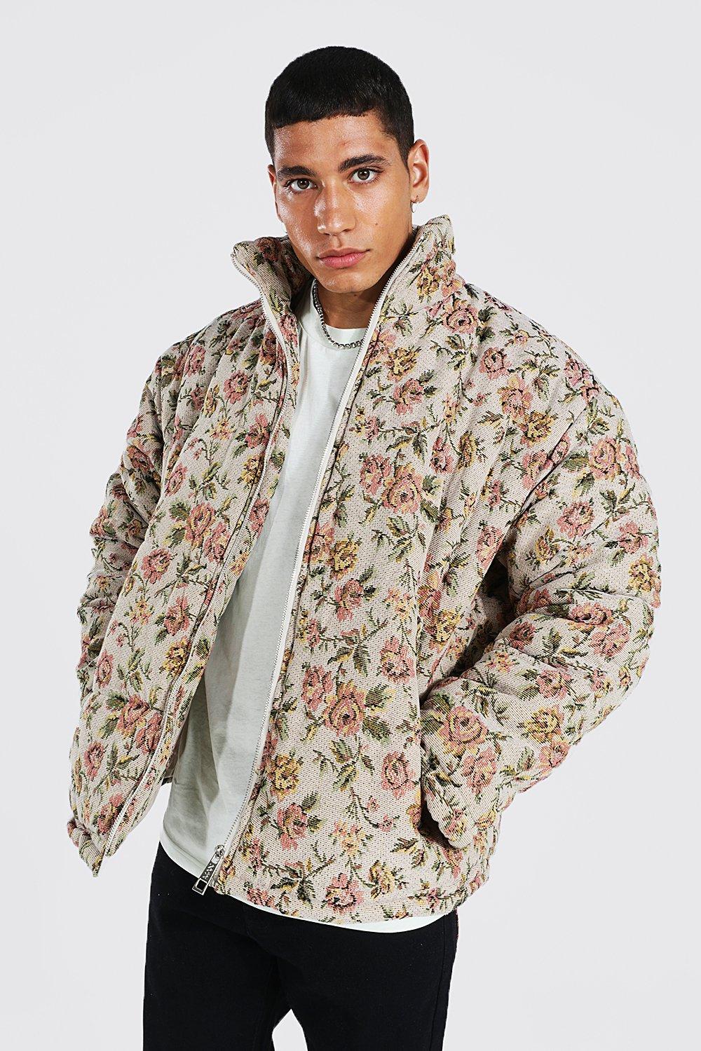 boohoo Men's Plus Tapestry Hooded Puffer Jacket