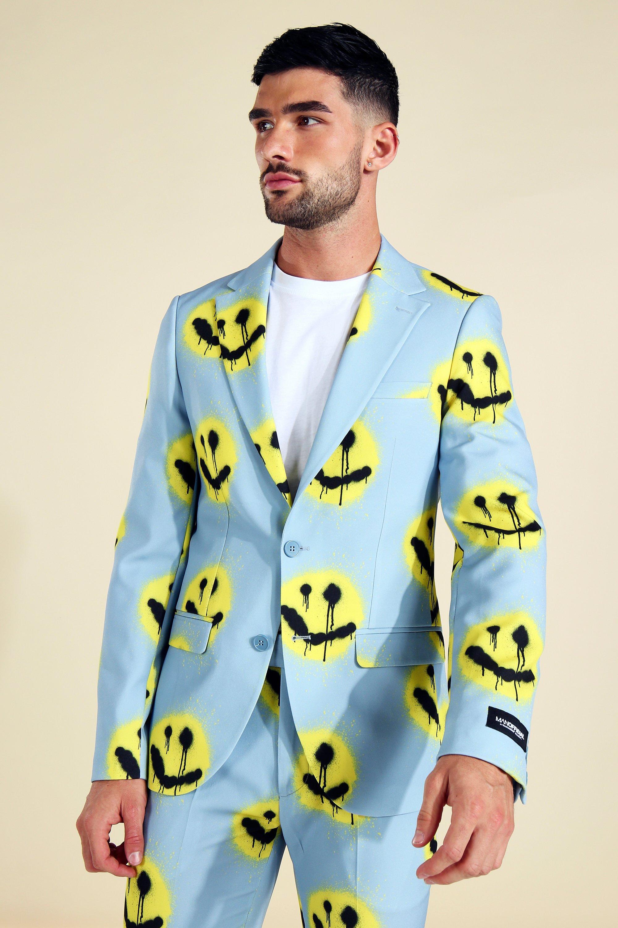 White Single Breasted Face Print Suit Jacket