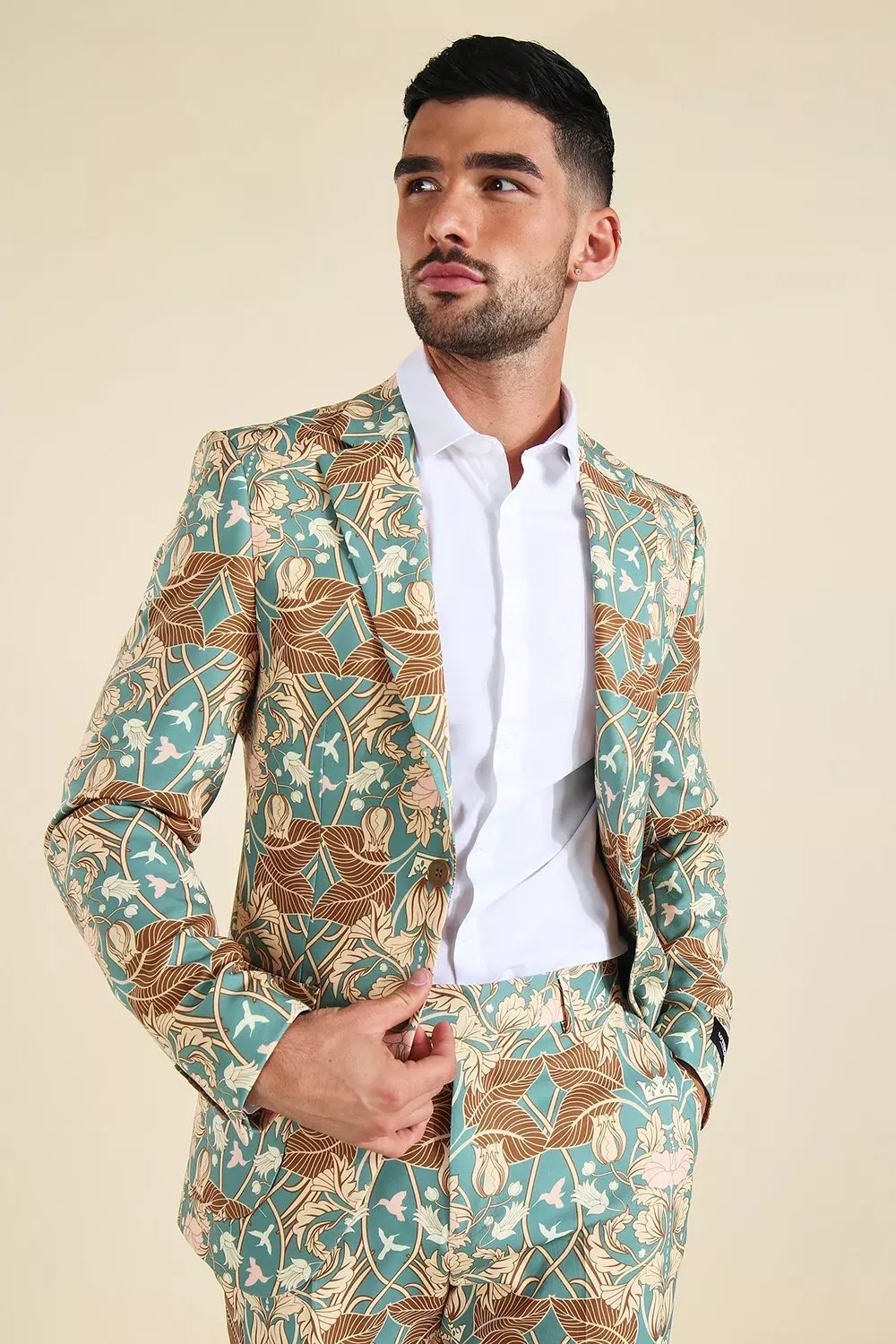 Multi Skinny Tapestry Suit boohooMAN USA