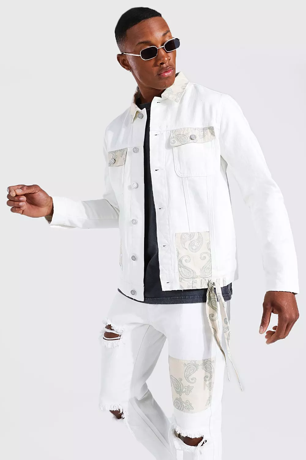 Veste en jean oversize à motif bandana, Ecru autre image