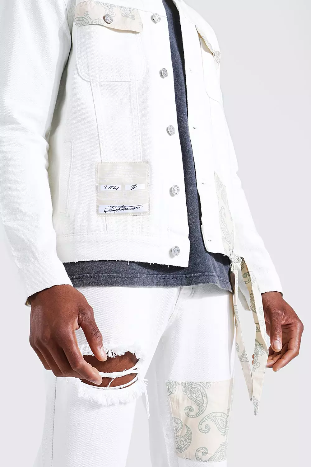 Veste en jean oversize à motif bandana, Ecru autre image
