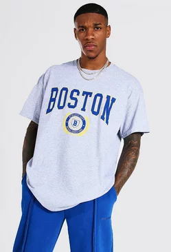 Grey Oversized Boston Varsity T-shirt