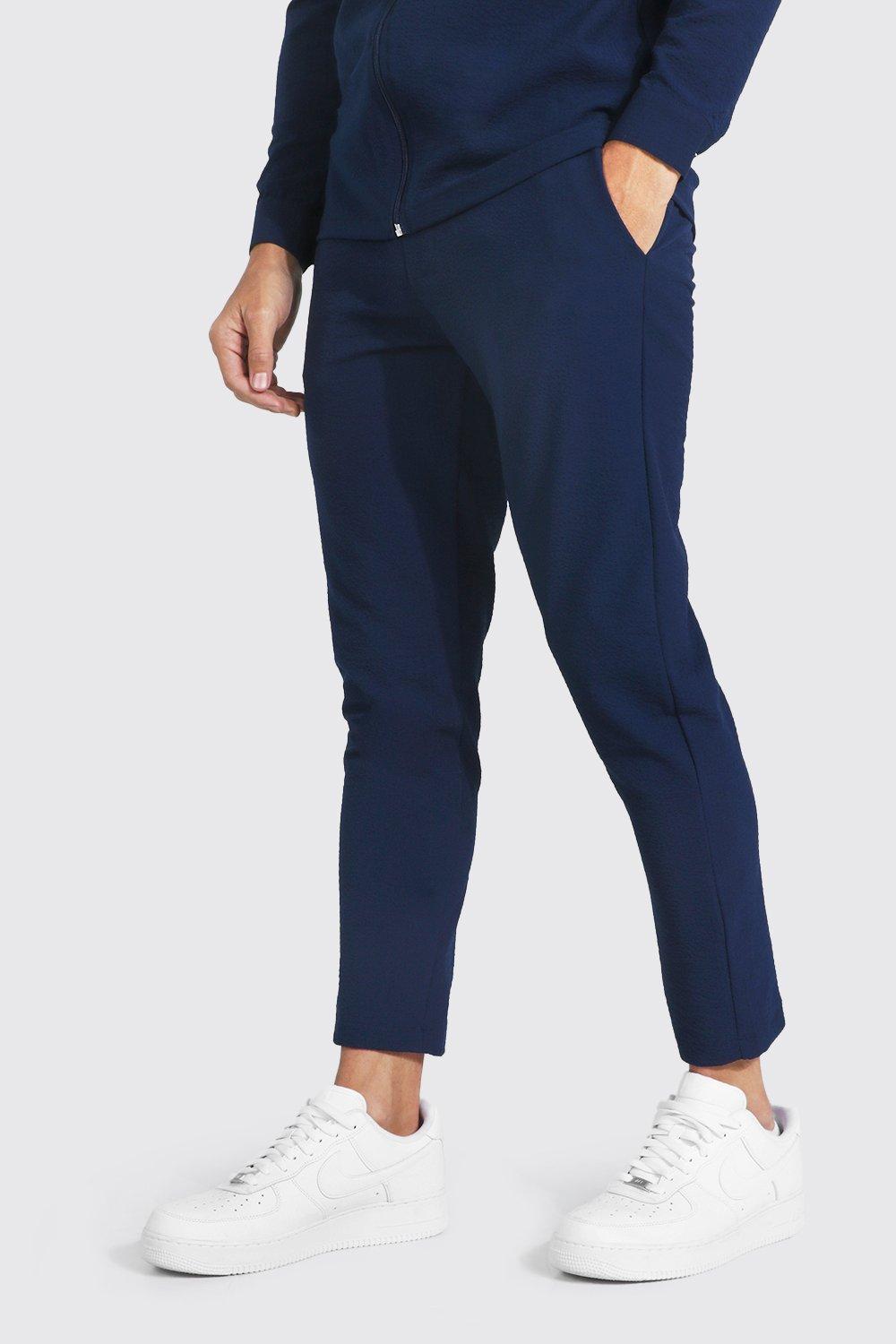 Navy Slim Fit Seersucker Elasticated Waist Crop Trouser