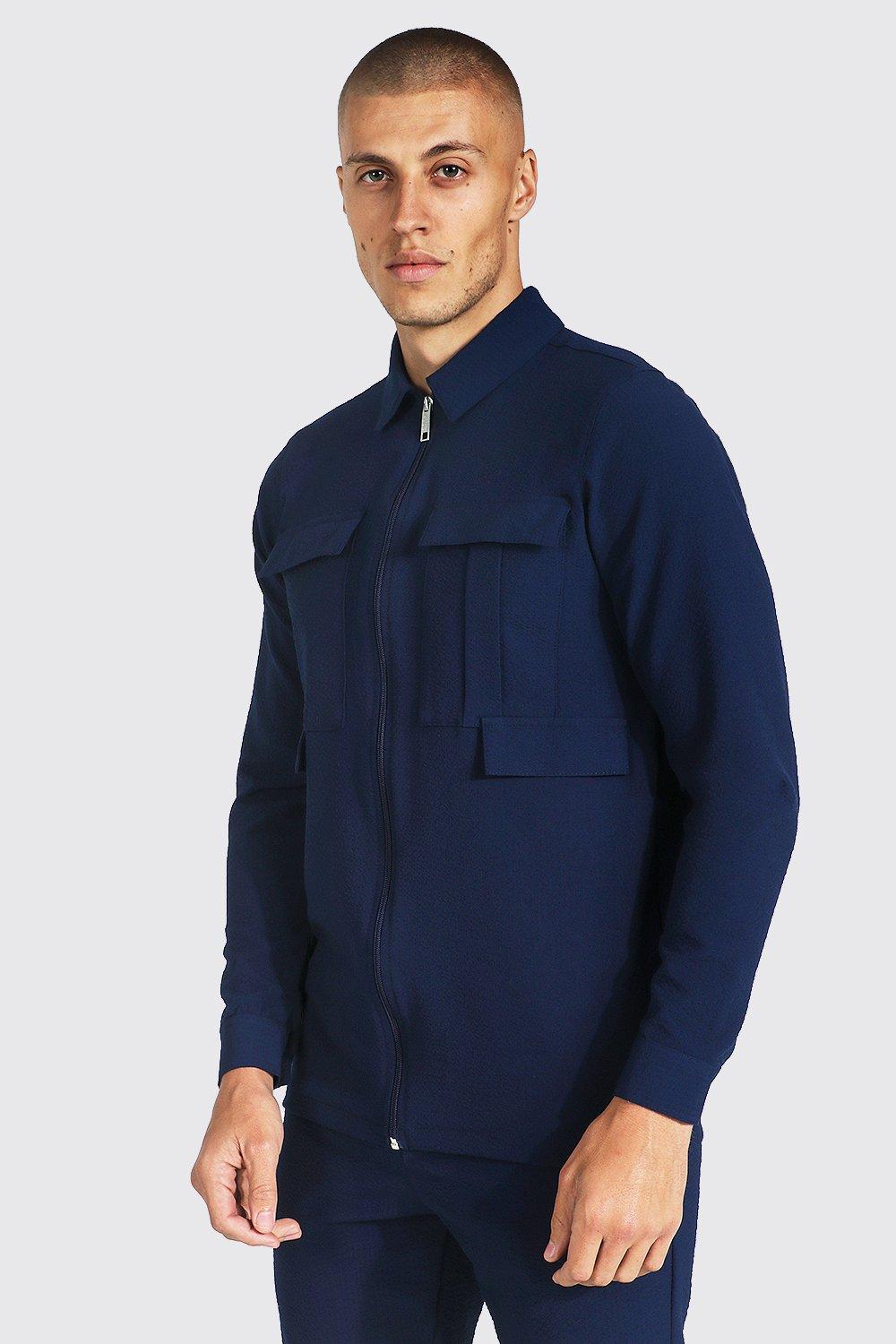 Navy Seersucker Zip Through Cargo Harrington