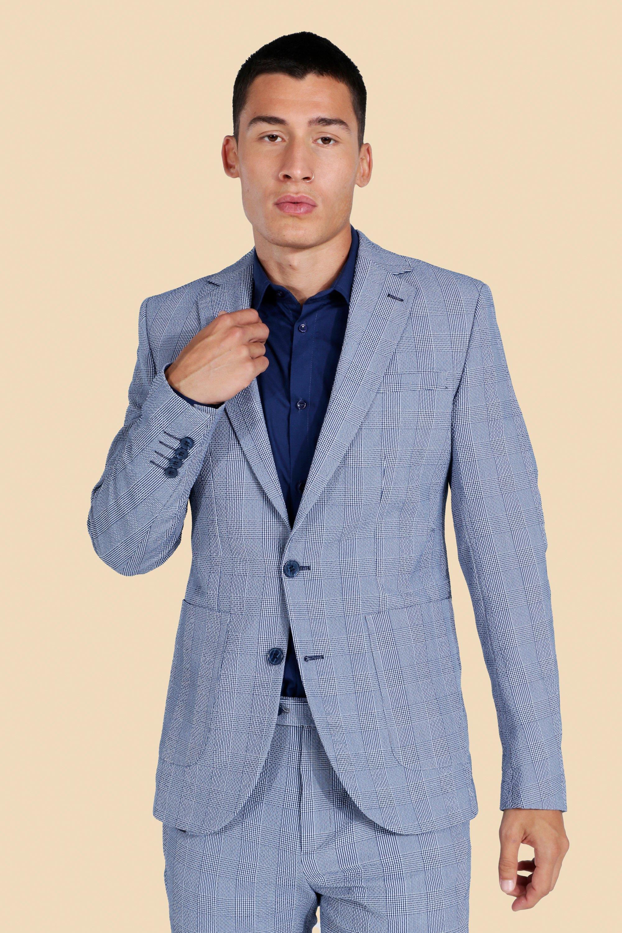 Navy Single Breasted Seersucker Skinny Suit Jacket