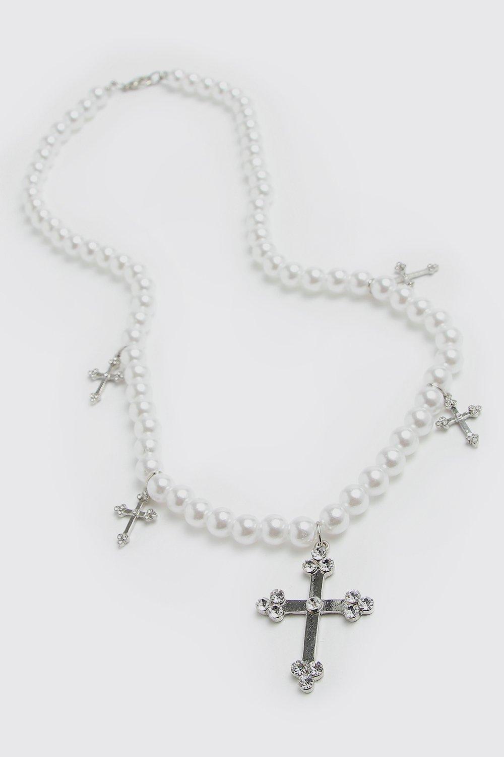 Pearl Necklace With Cross necklace for Men Boho Rhinestone 