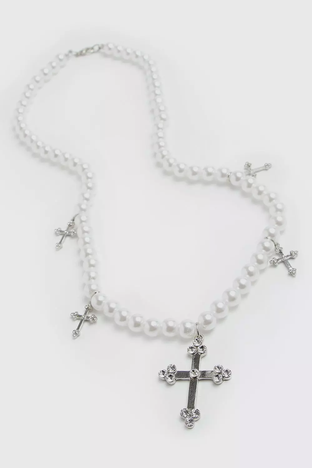 Multi Cross Pendant Pearl Necklace boohooMAN UK