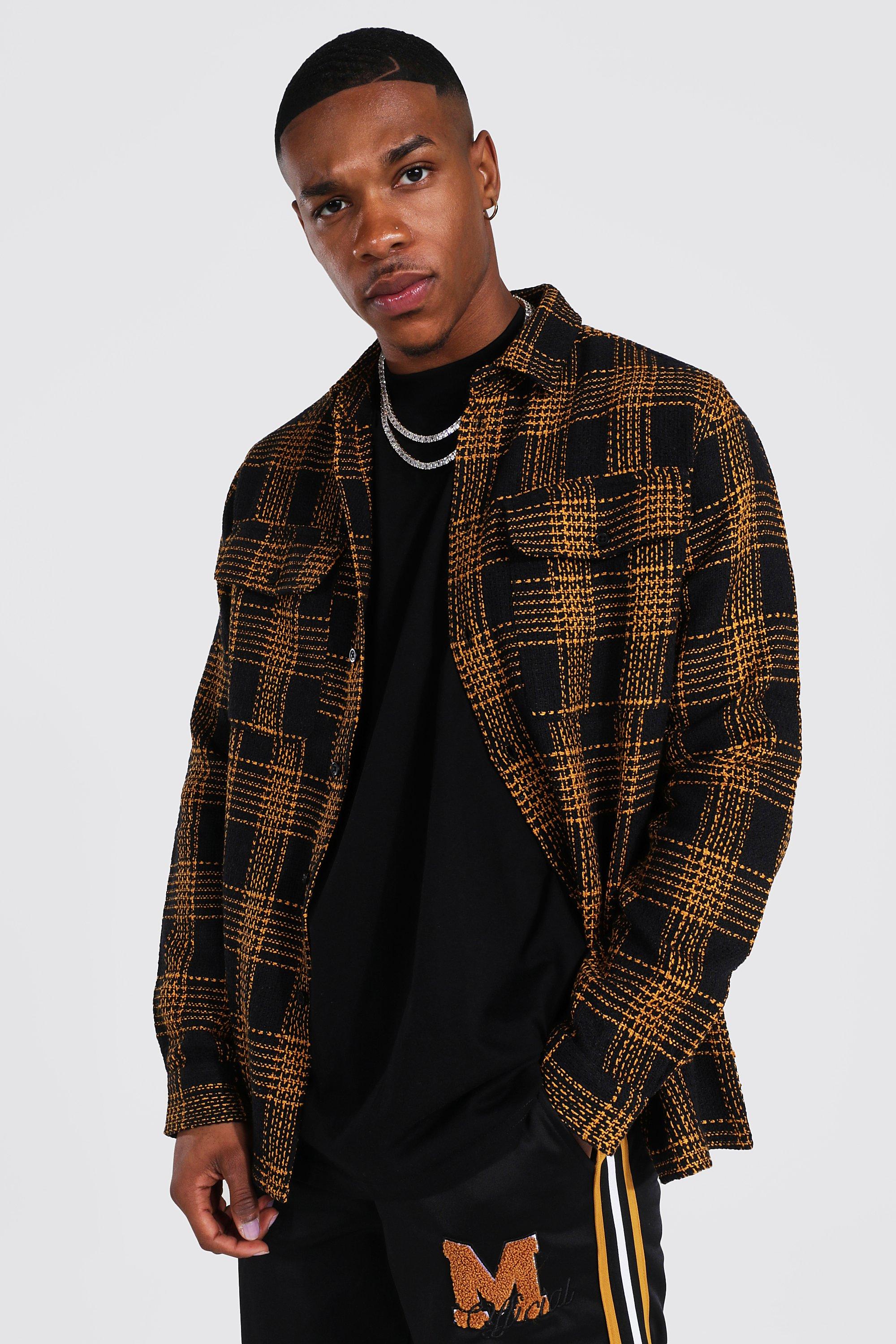 Long Sleeve Boucle Check Overshirt | boohooMAN USA