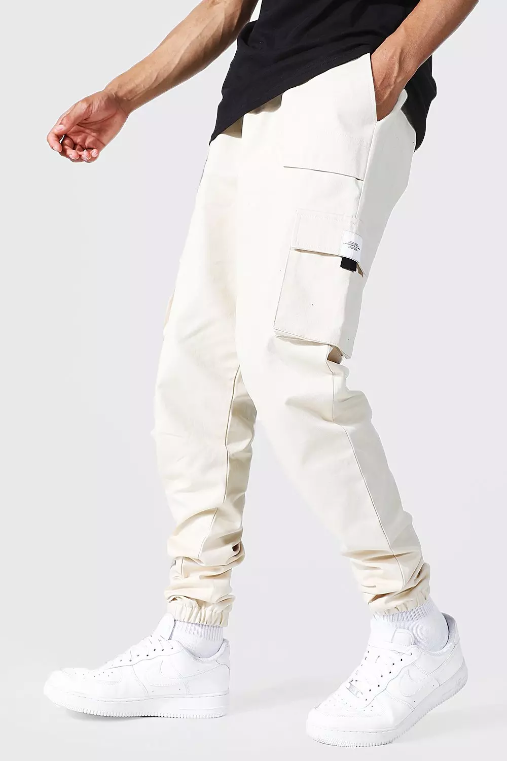 Tall Twill Belt Front Cargo Sweatpants With Tab Ecru