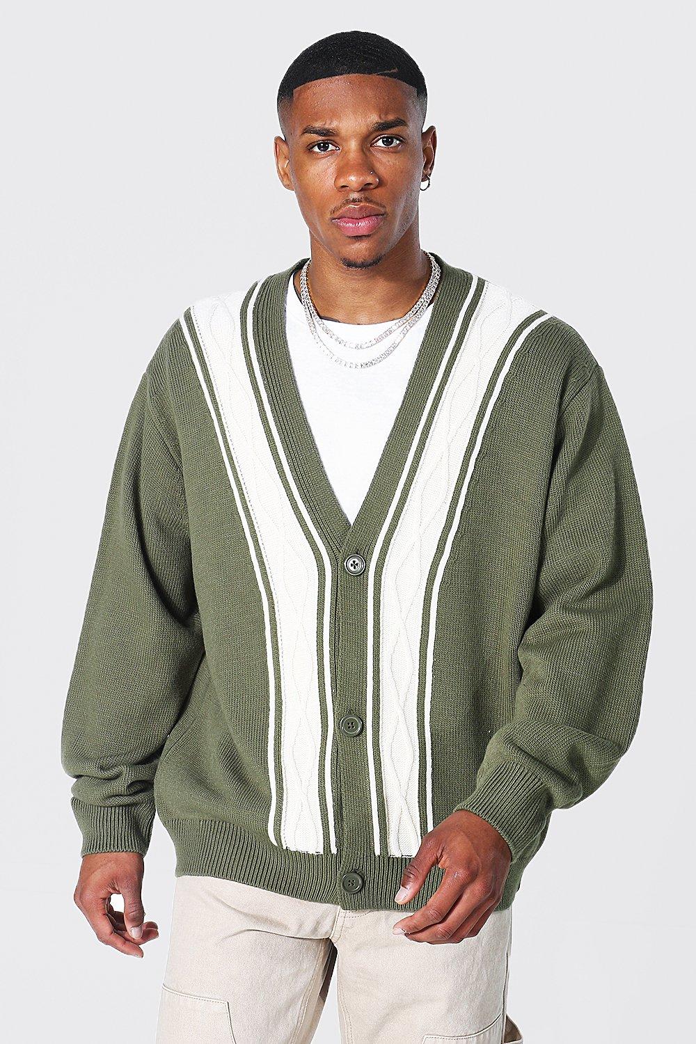 Oversized Cable Stripe Cardigan boohooMAN UK