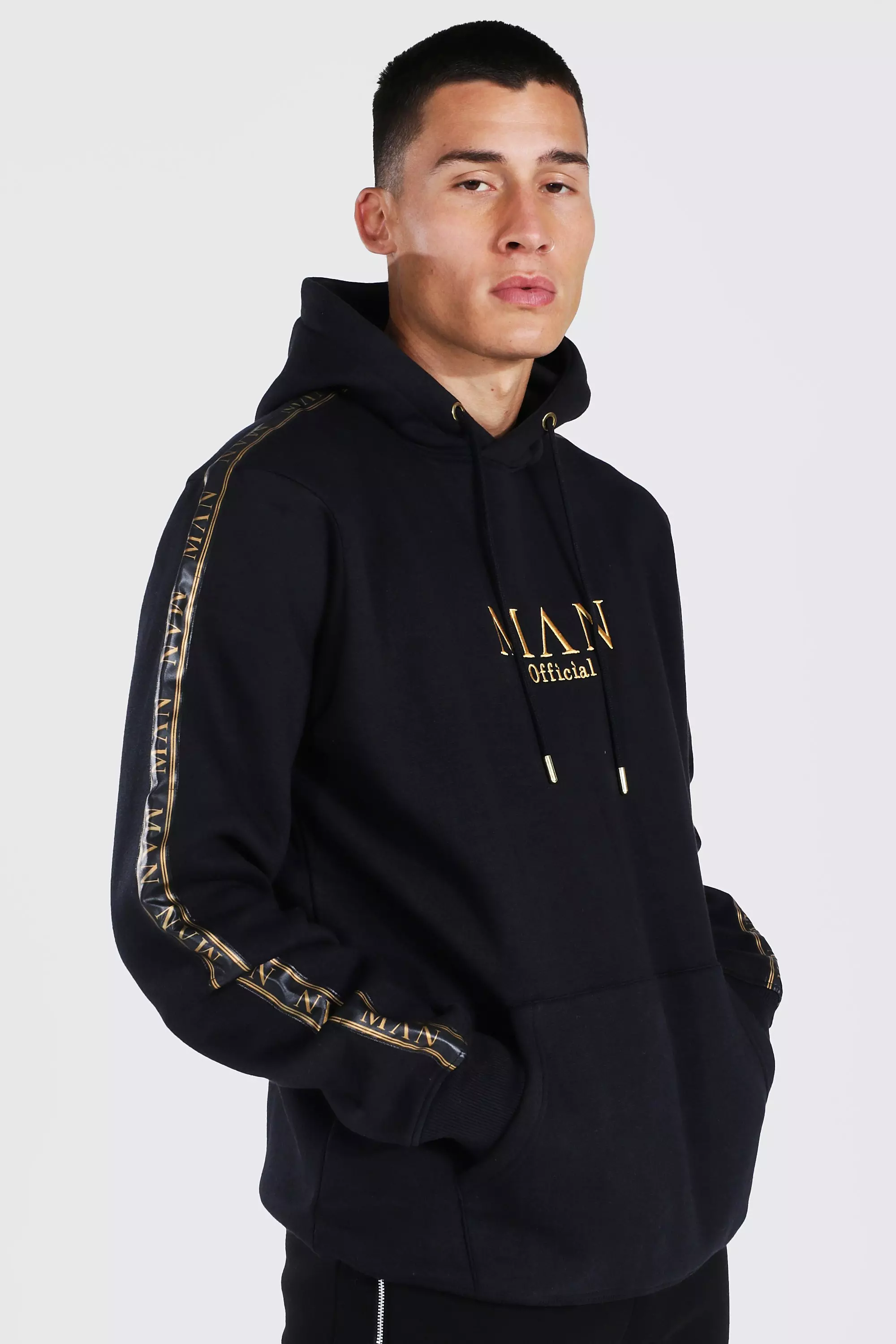 Boohooman hoodie with man embroidery in black clearance