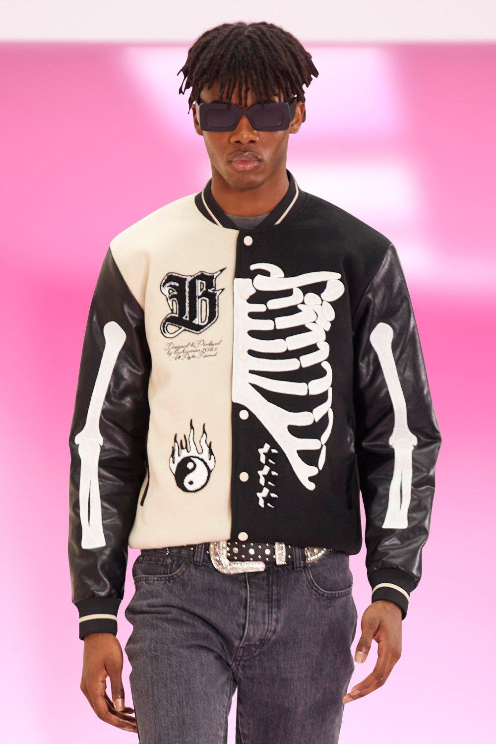 boohooMAN Men's Official Man Back Skeleton Varsity Jacket