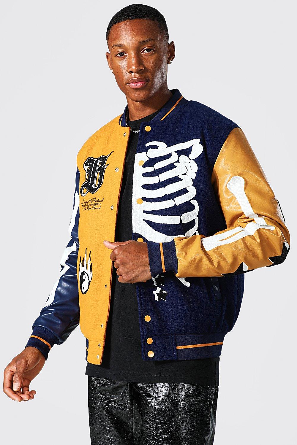 boohooMAN Men's Official Man Back Skeleton Varsity Jacket