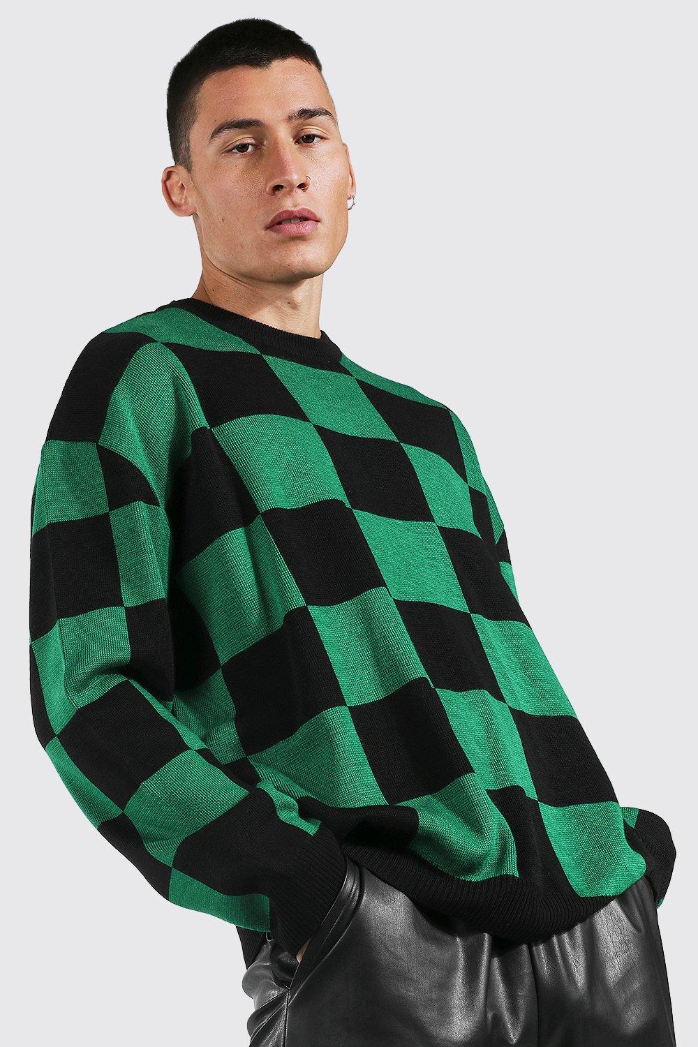 Oversized Crew Neck Checkerboard Jumper | boohooMAN USA