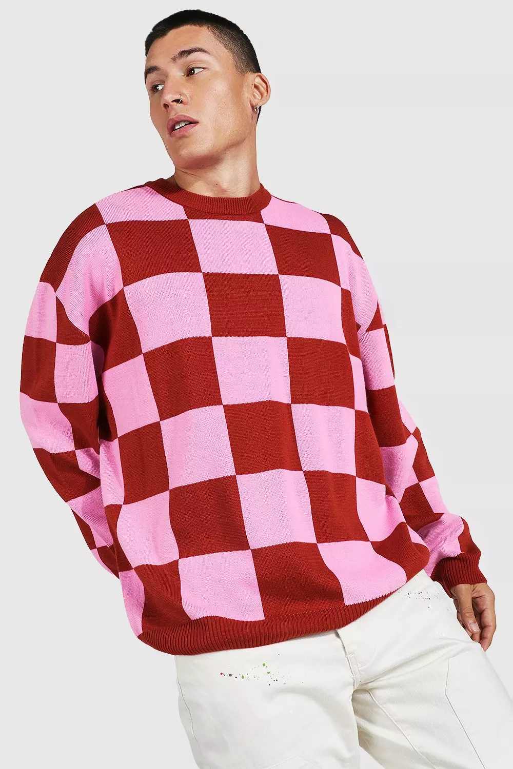 Oversized Crew Neck Checkerboard Jumper boohooMAN