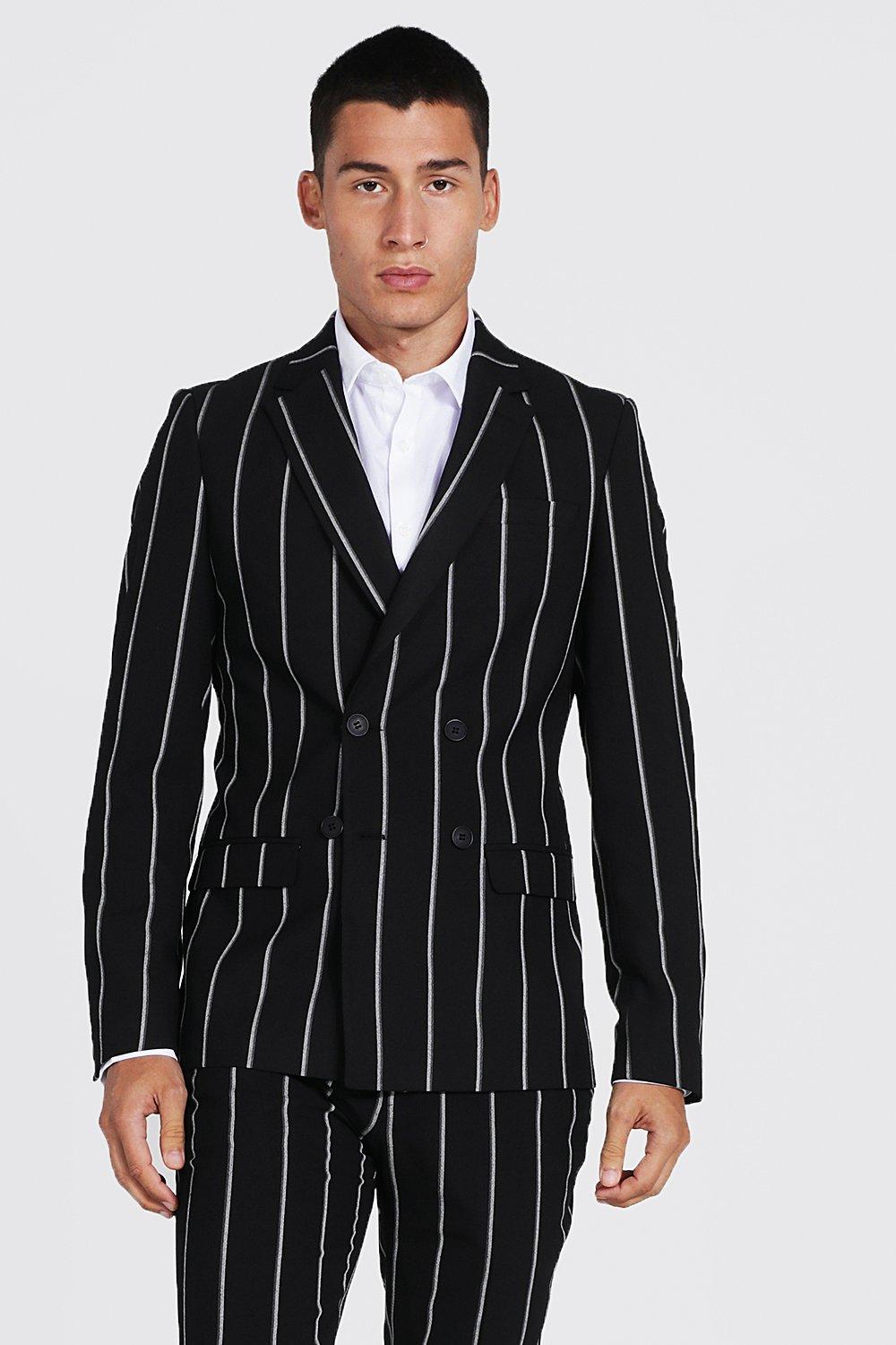 Double Breasted Skinny Pinstripe Suit Jacket | boohooMAN USA