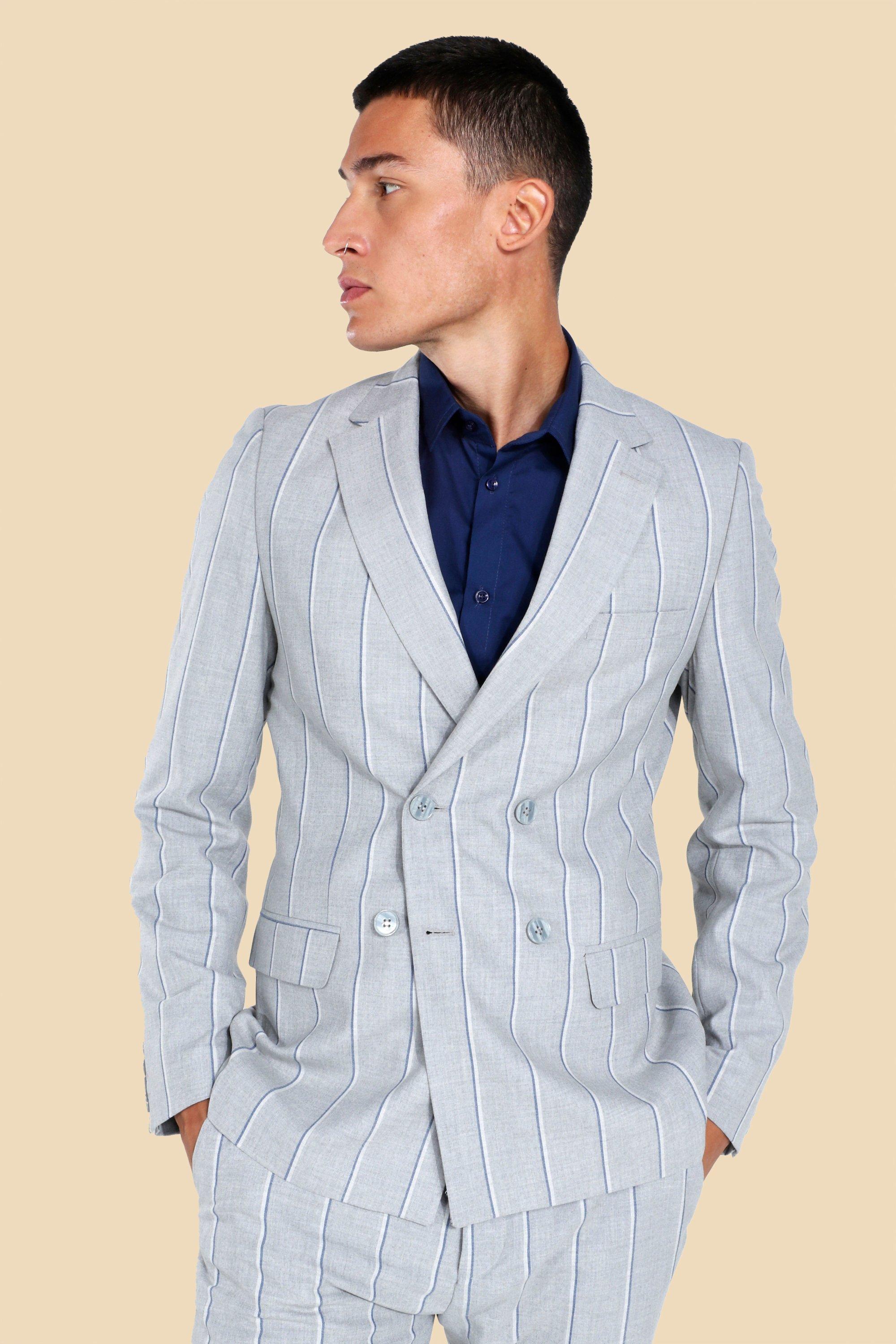 boohooMAN Mens Skinny Navy Pinstripe Double Breasted Jacket - Big & Tall