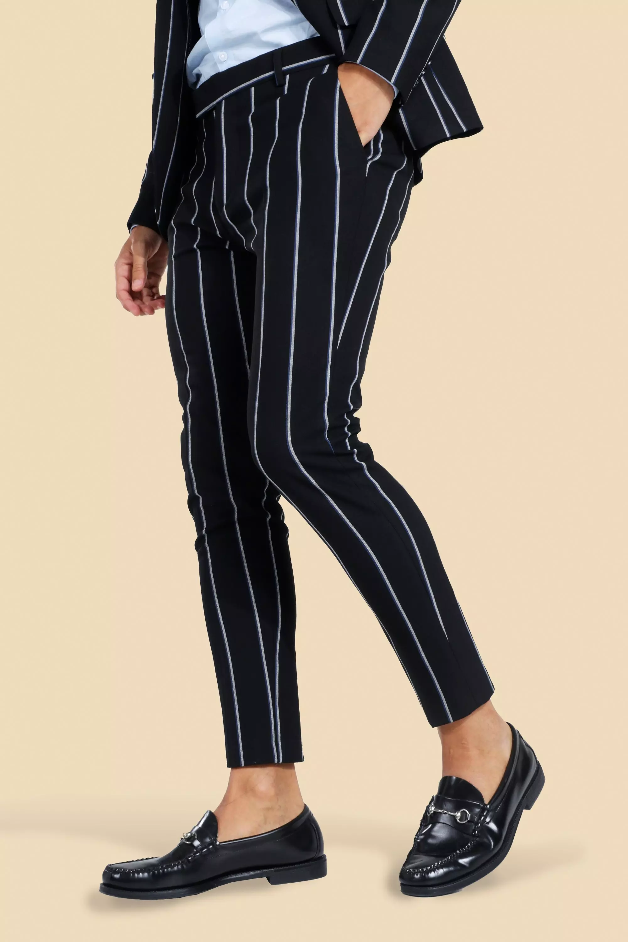 Black Super Skinny Pinstripe Suit | boohooMAN USA