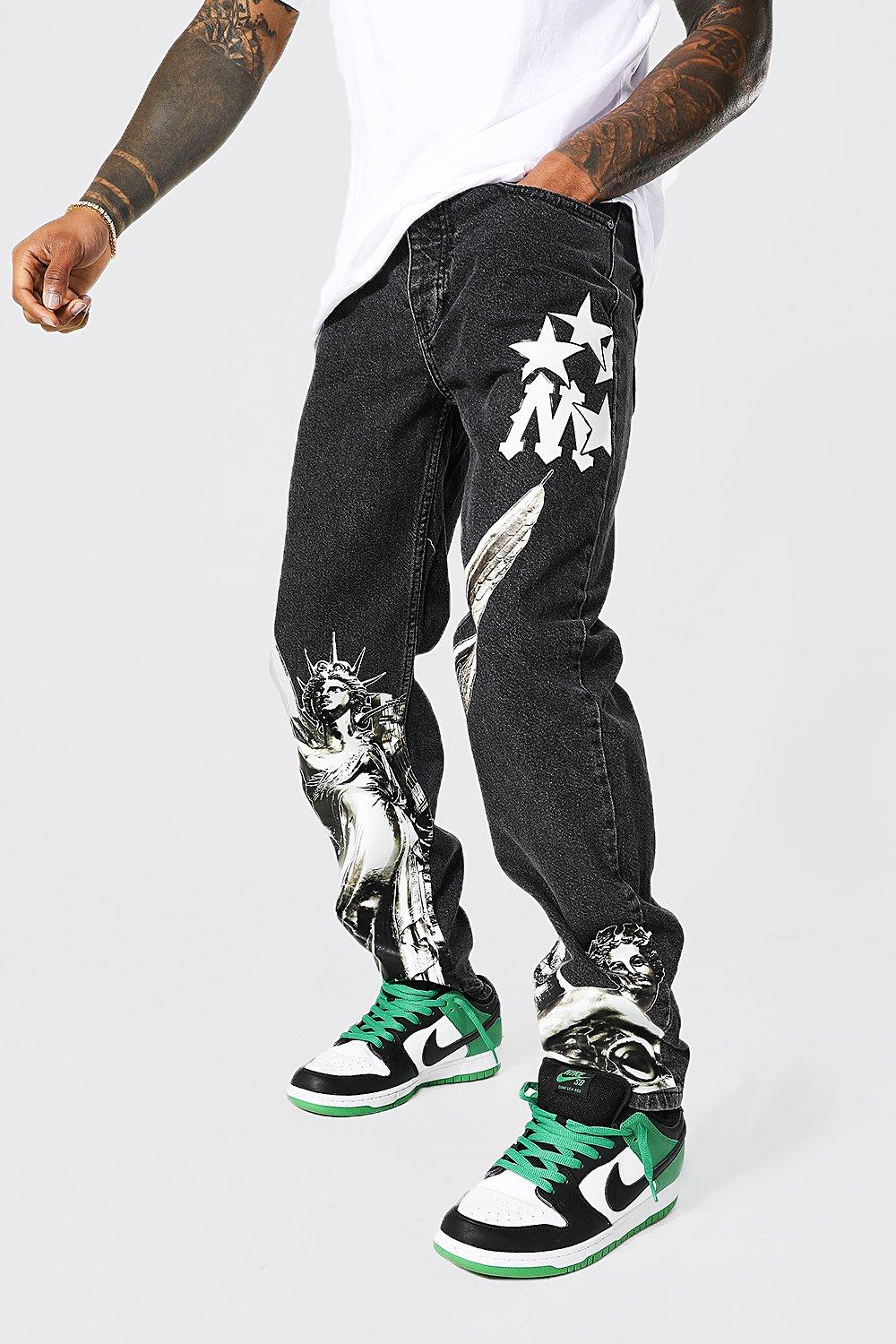 Relaxed Fit Rigid Renaissance Printed Jeans | boohooMAN USA