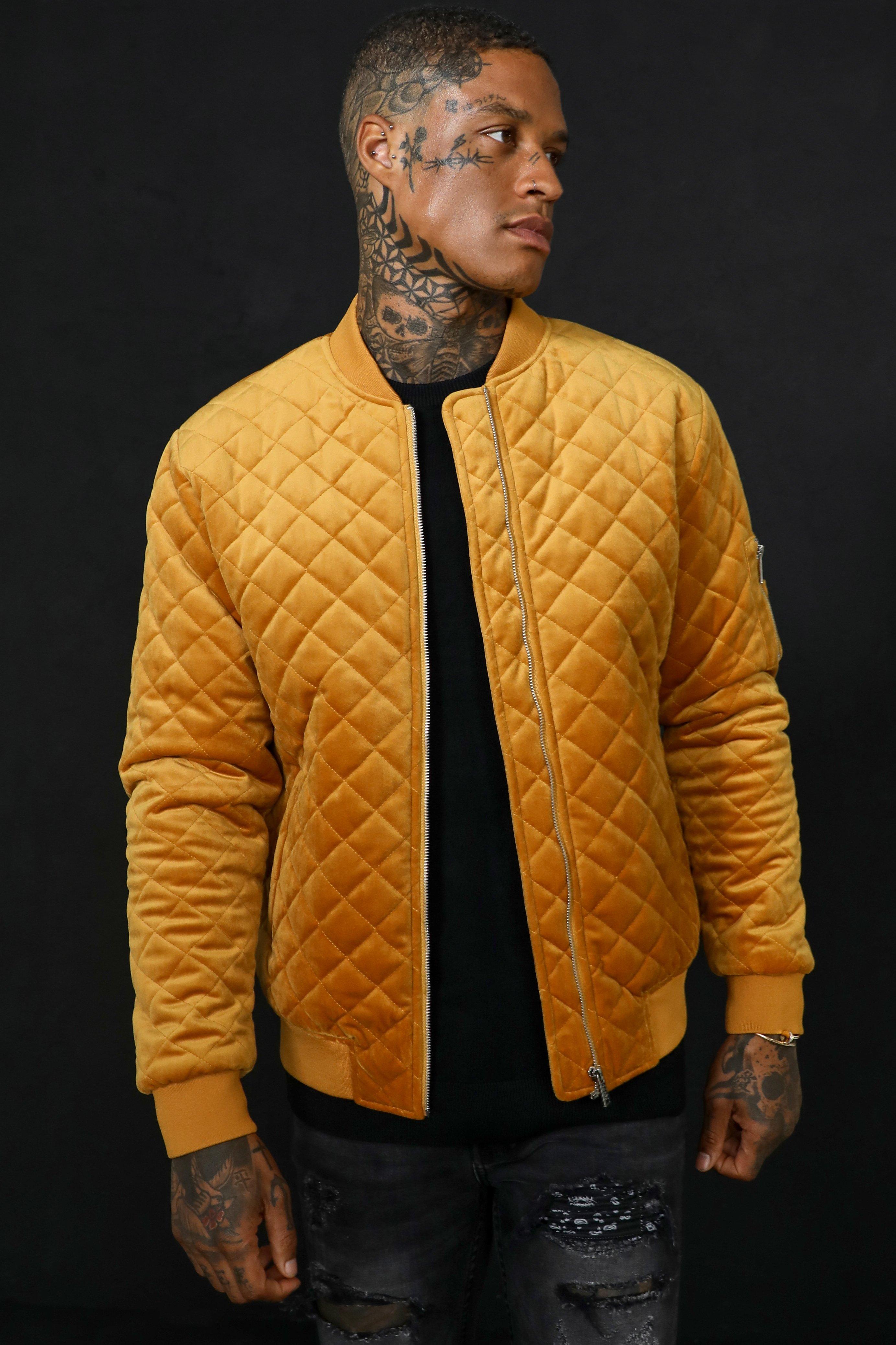 Mens Yellow Quilted Leather Bomber Jacket