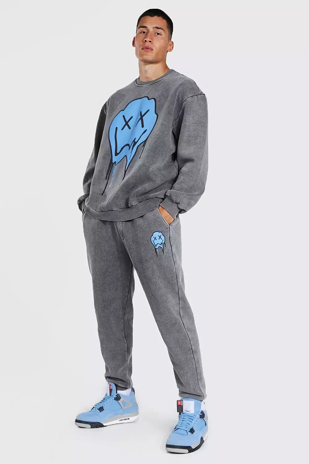 Charcoal Loose Acid Wash Drip Face Sweater Tracksuit alternative image