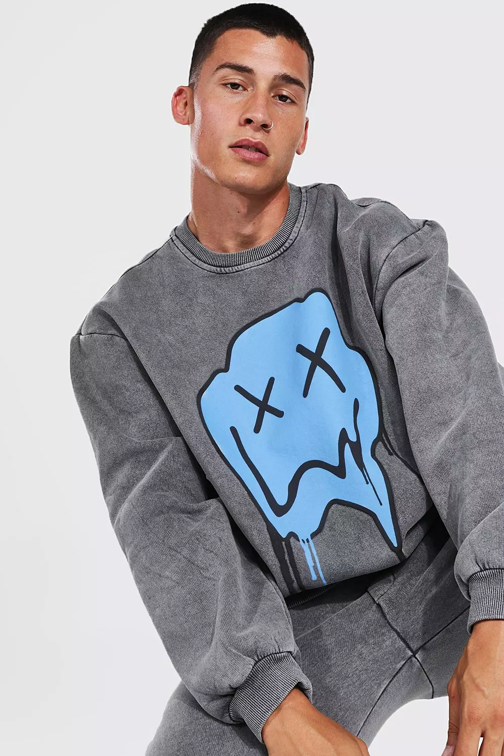 Charcoal Loose Acid Wash Drip Face Sweater Tracksuit alternative image