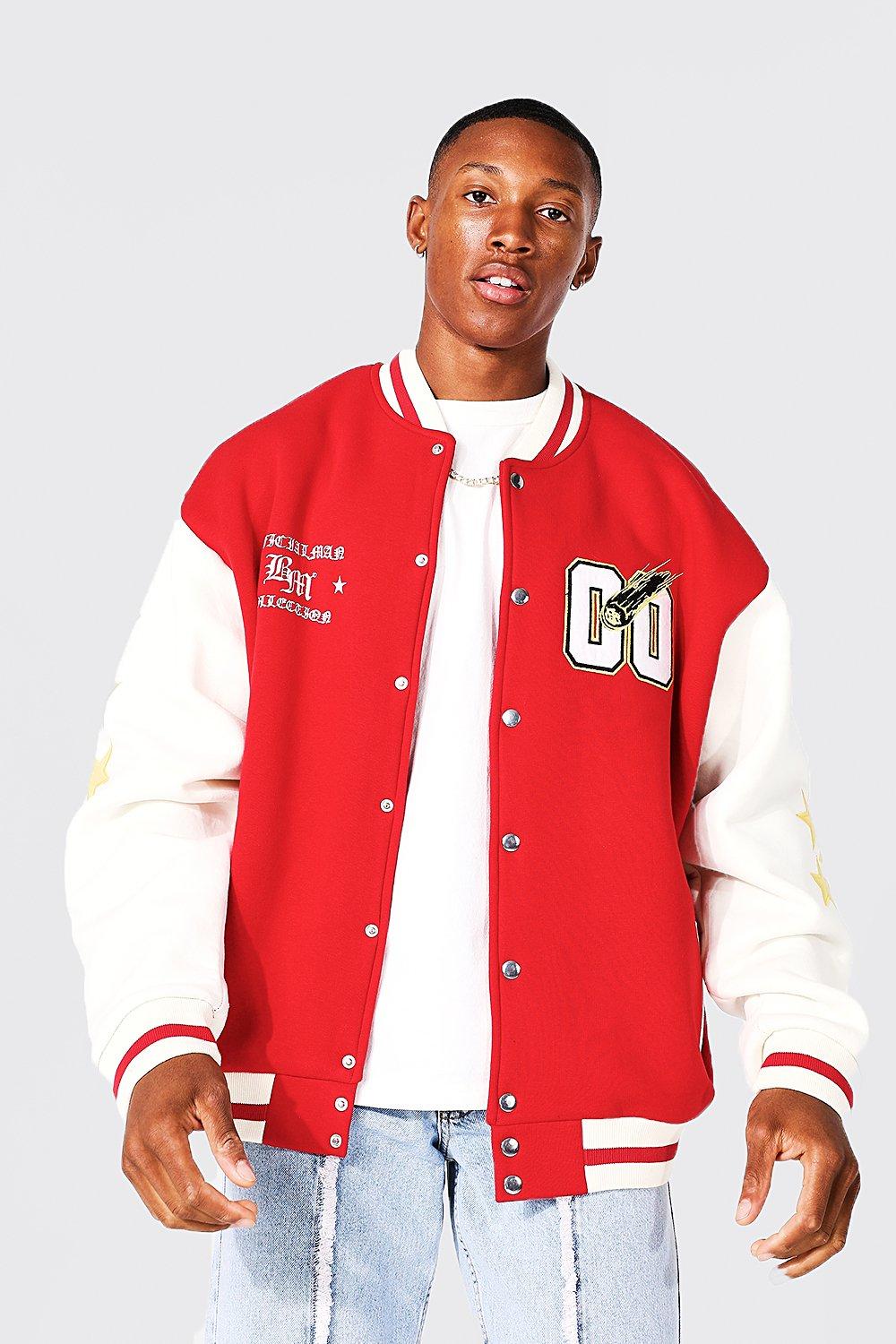 BoohooMAN Plus Red and White Cotton Jersey Bomber Varsity Jacket with  Badges