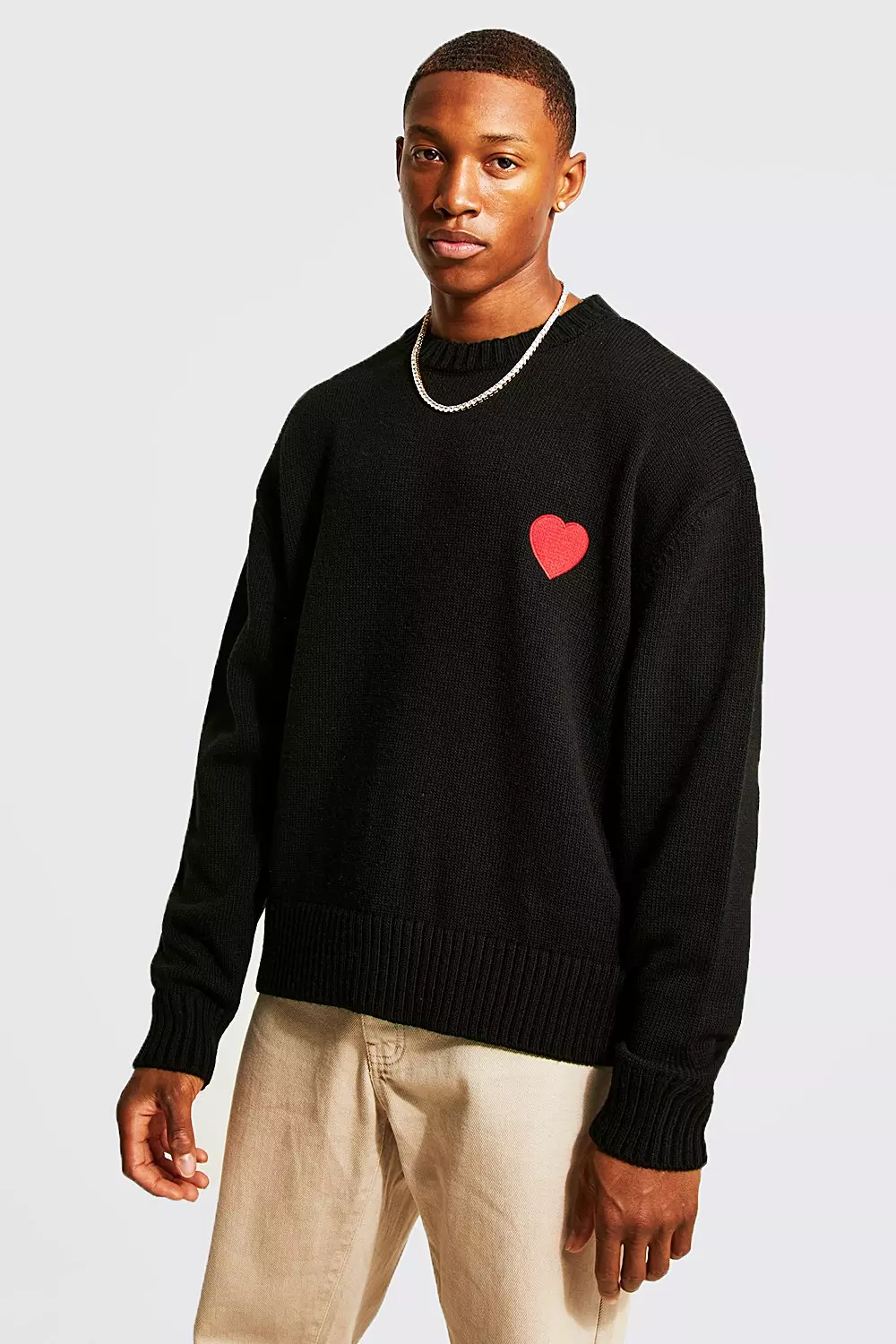 Heart Embroidered Oversized Knit Jumper boohooMAN UK