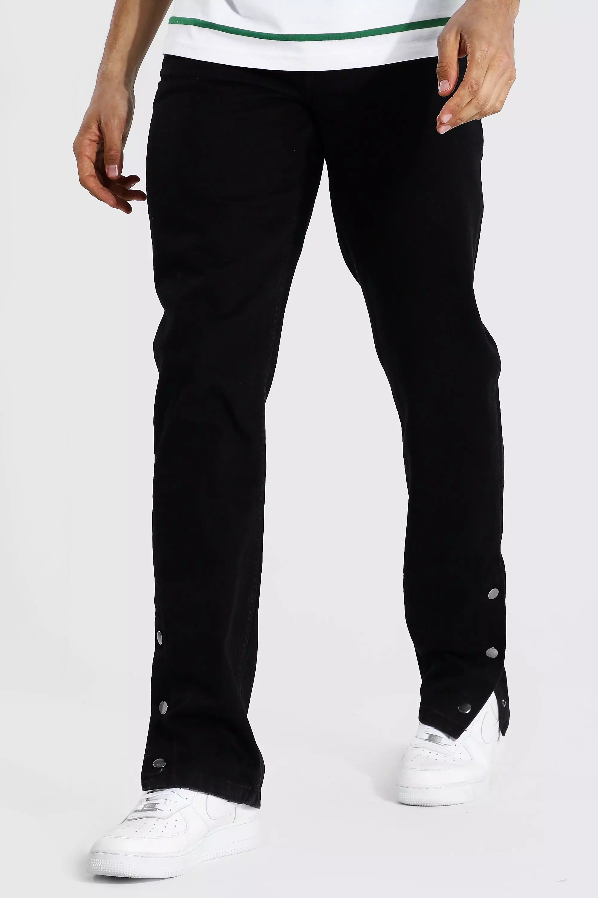 Black Tall Straight Leg Popper Hem Jeans