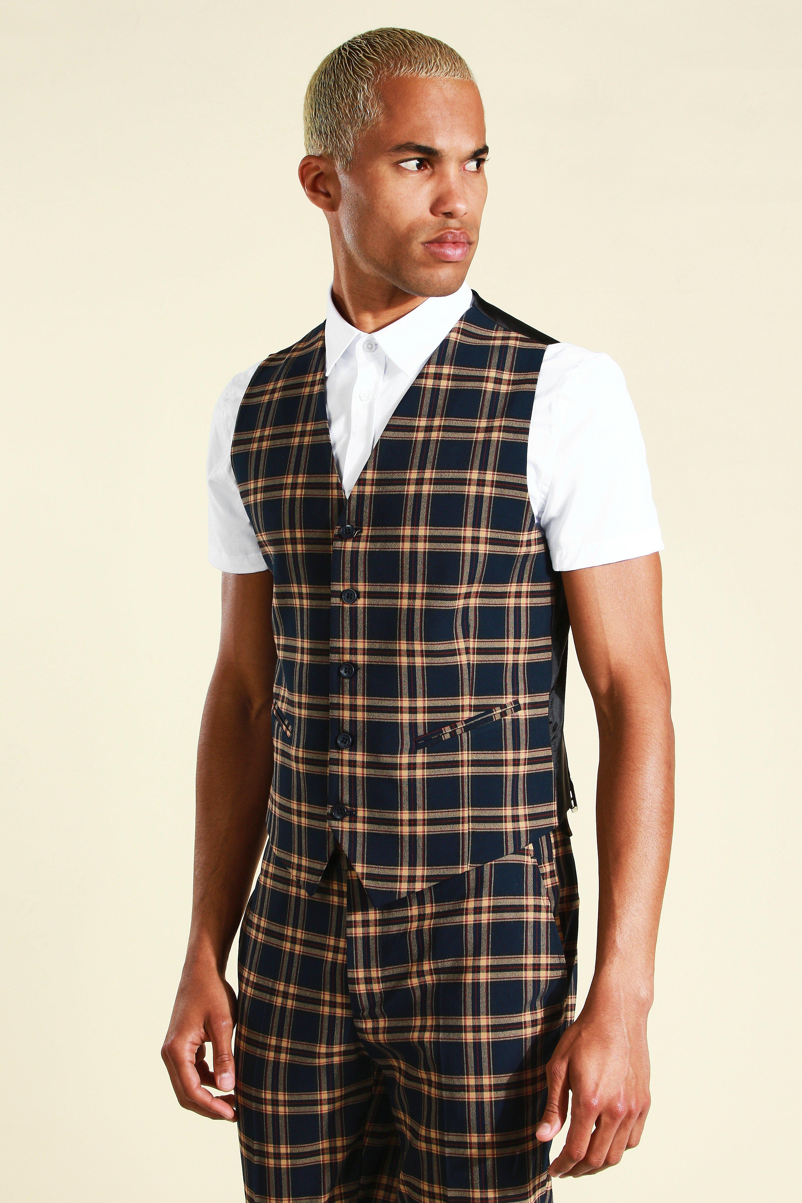 Navy Skinny Check Waistcoat