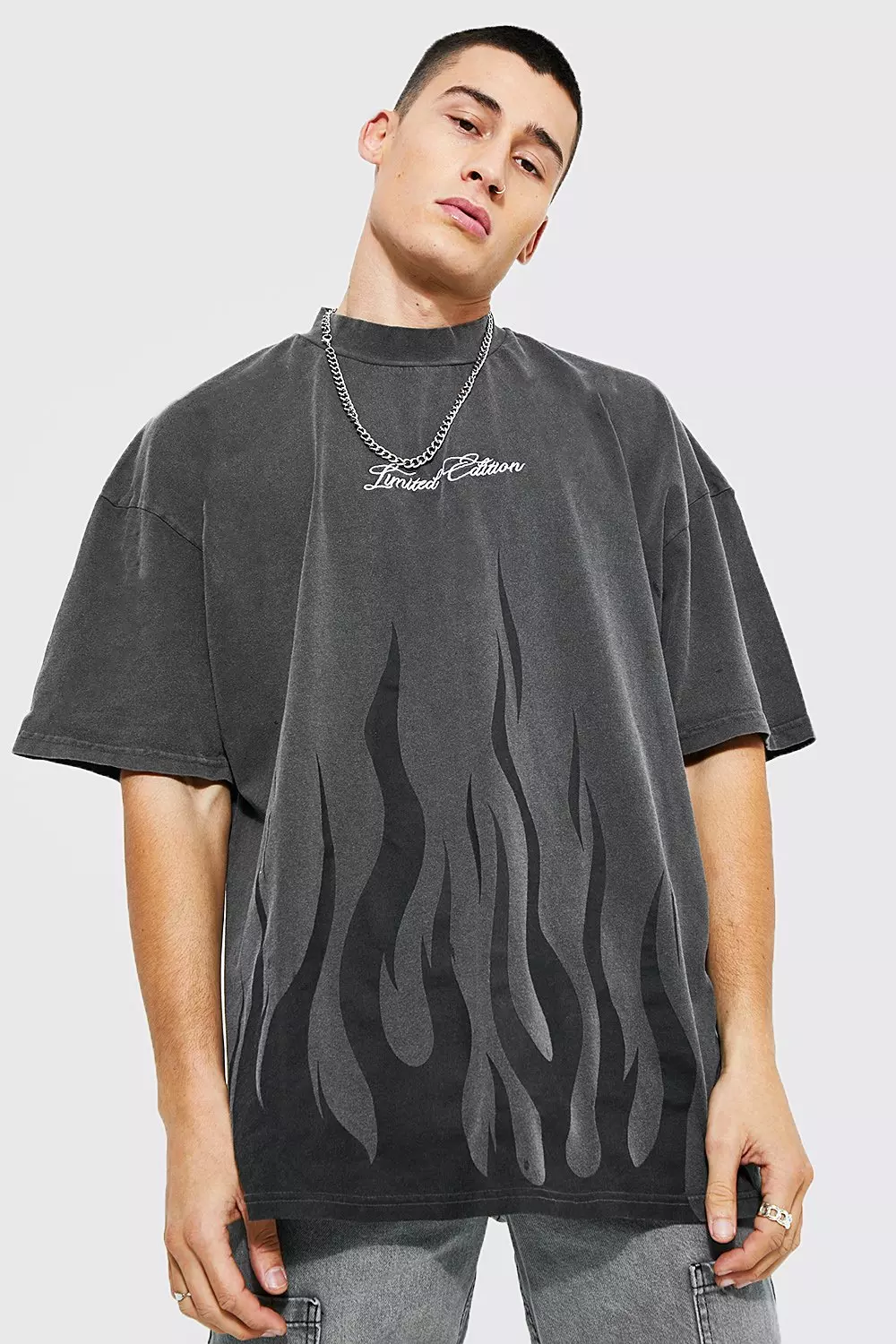 Oversized Limited Flame Acid Wash T-shirt Charcoal