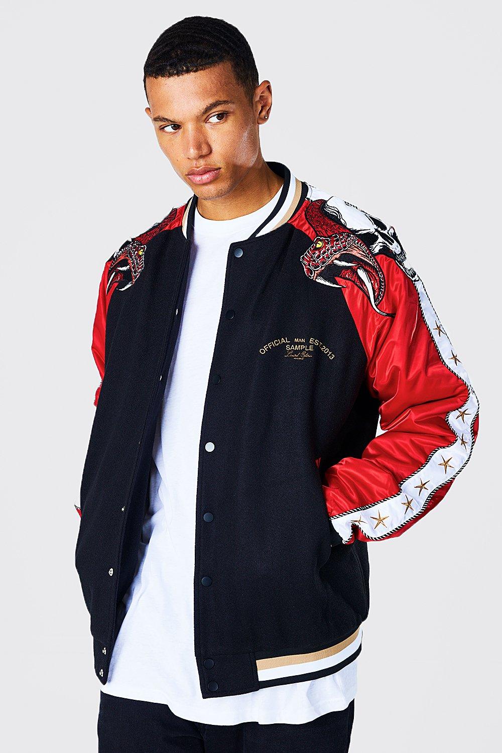 Tall Melton Panel Souvenir Bomber Jacket boohooMAN