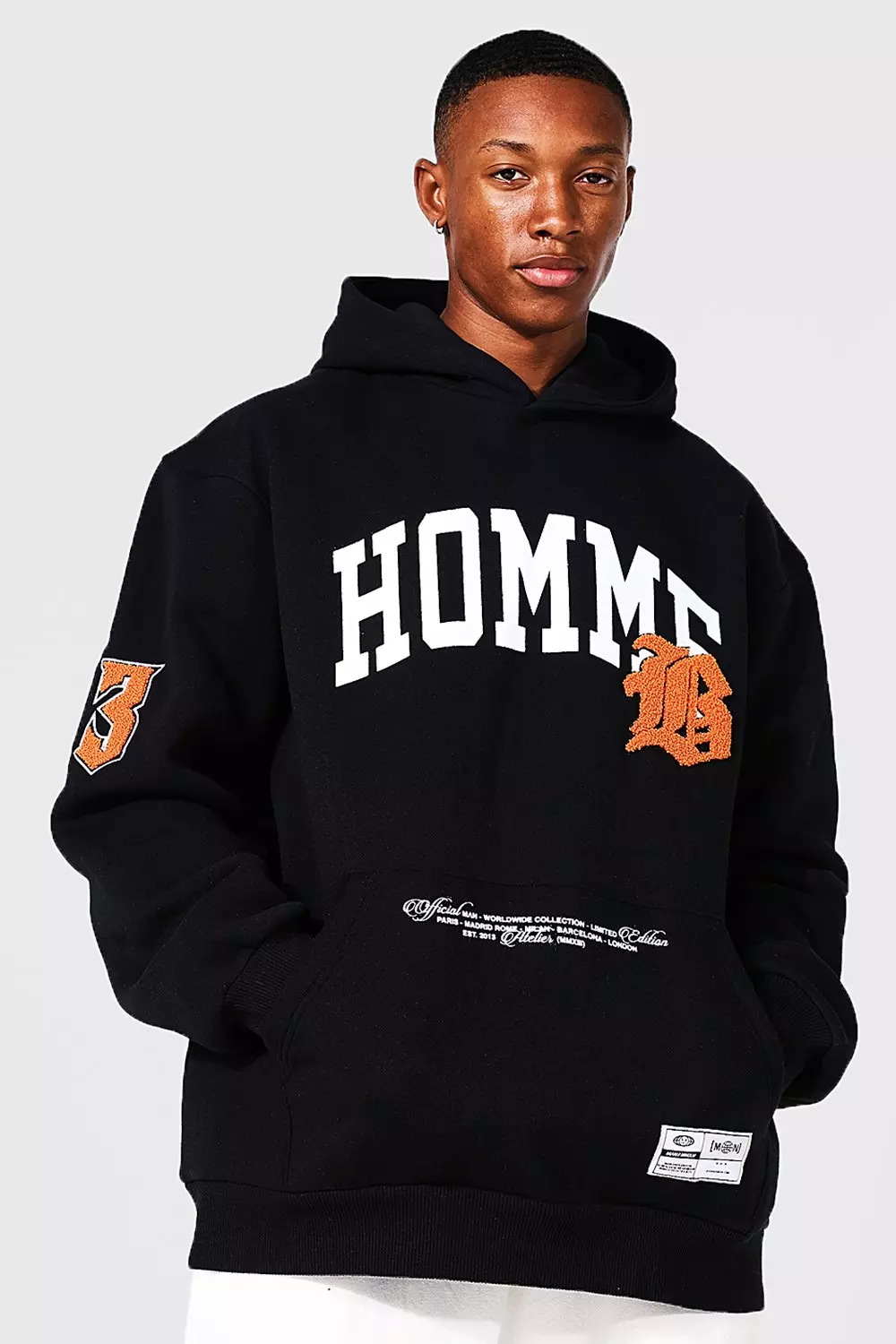 Oversized Homme Applique Varsity Hoodie Black