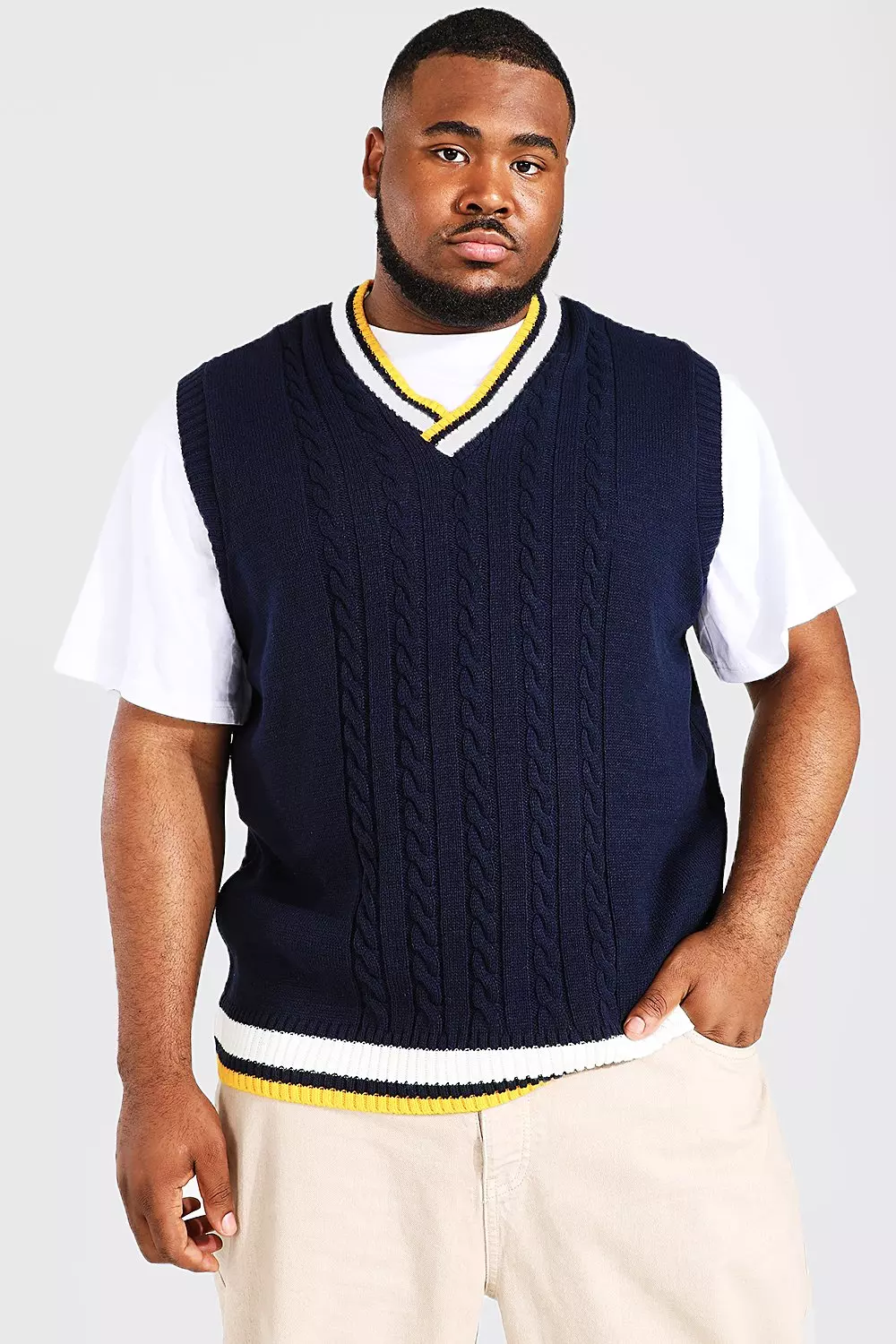 Plus Size Varsity Basic Cable Knitted Vest boohooMAN