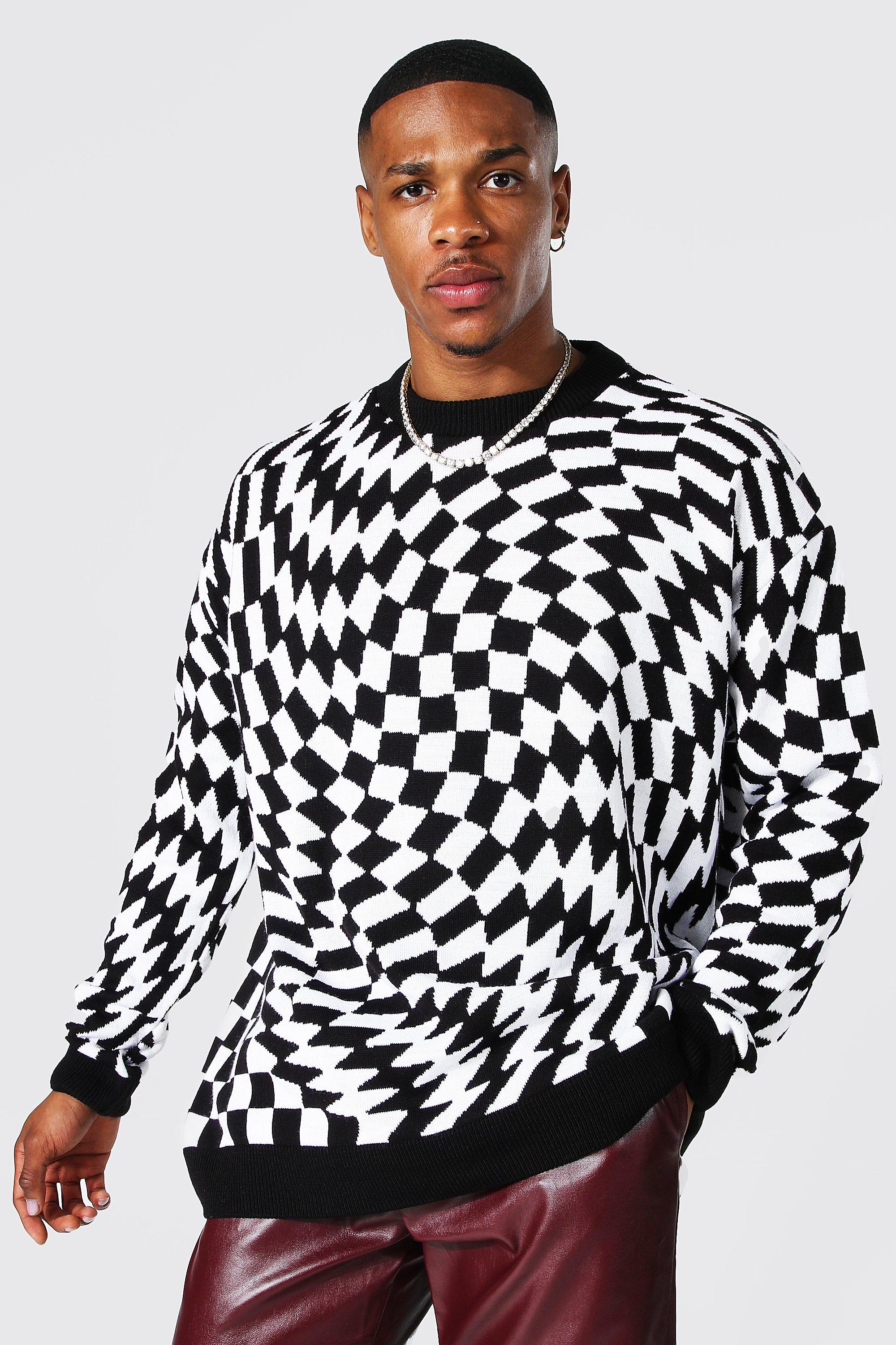 Oversized Warped Checkerboard Jumper | boohooMAN USA