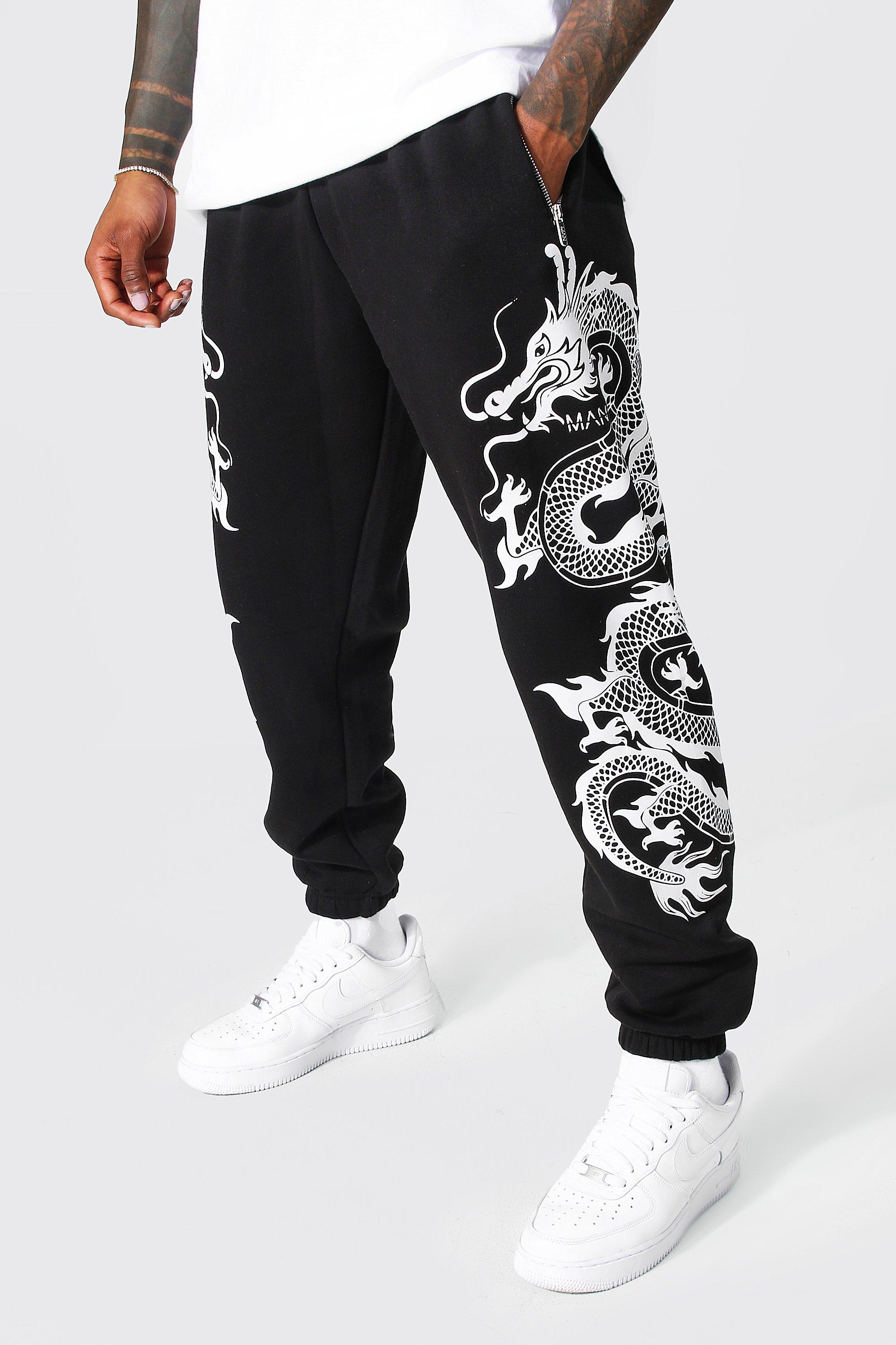 ZAFUL Dragon Print Chinoiserie Jogger Pants In BLACK