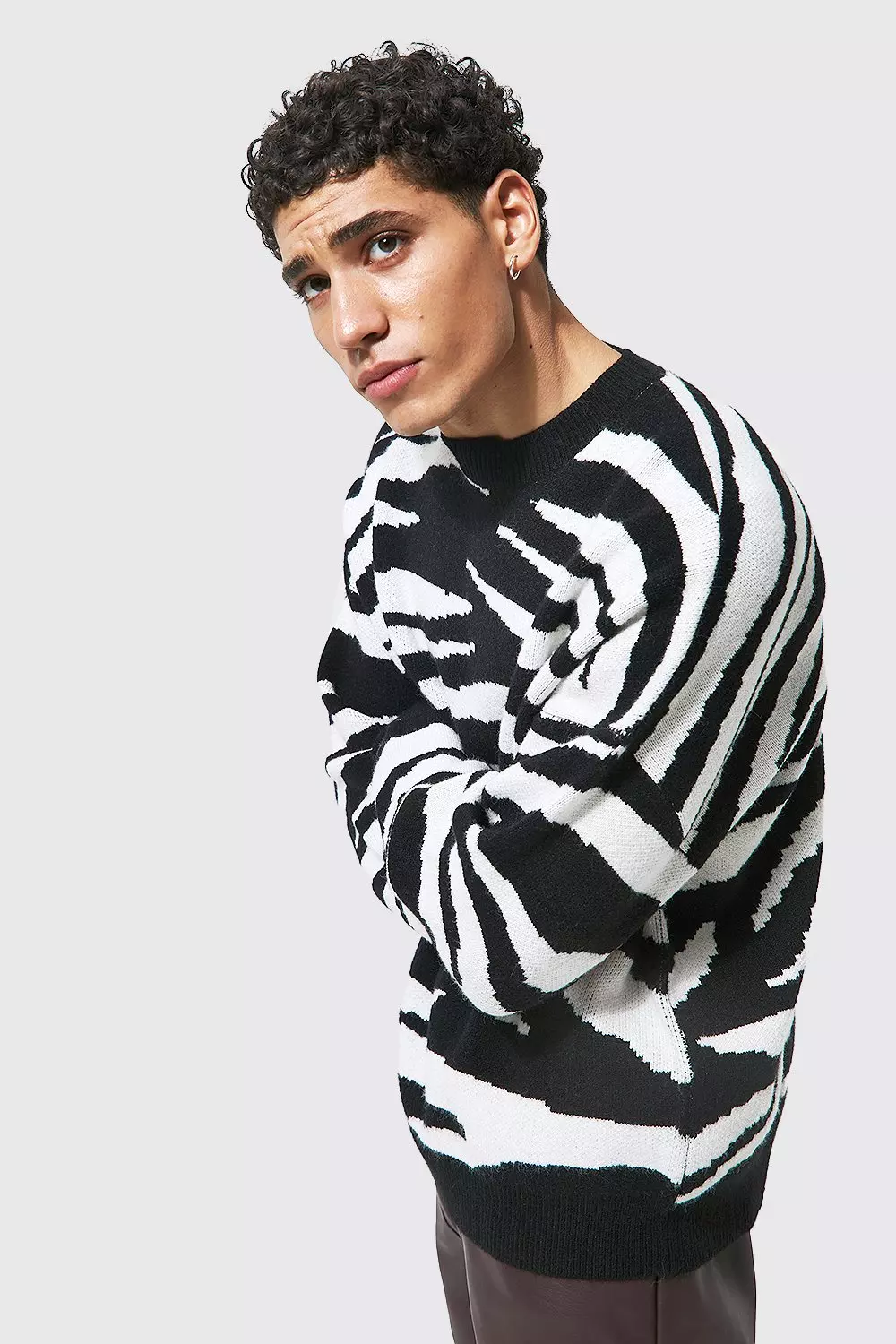 Black Oversized Brushed Knit Zebra Crew Neck Sweater alternative image