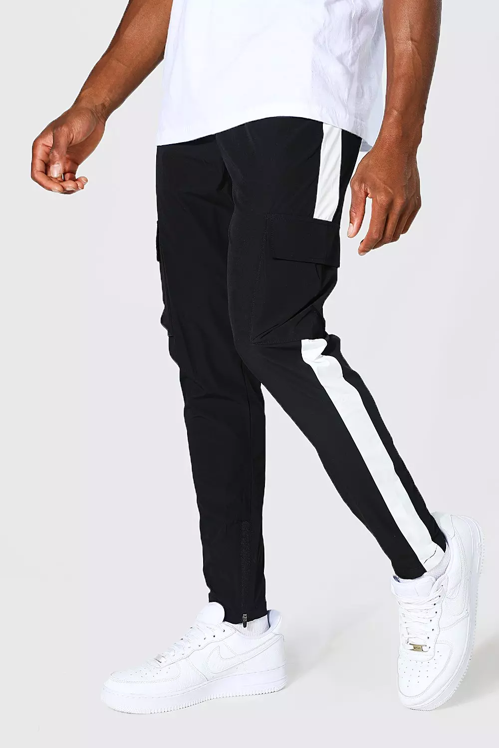 Black pants with white stripe down side mens online