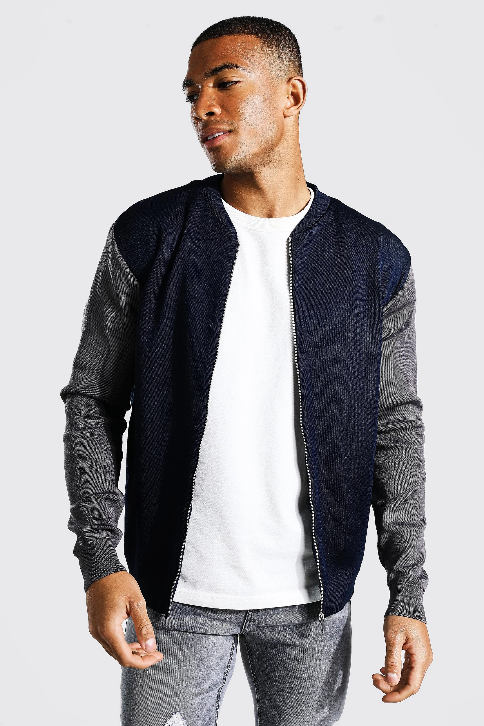 boohooman.com | Colour Block Smart Knitted Bomber