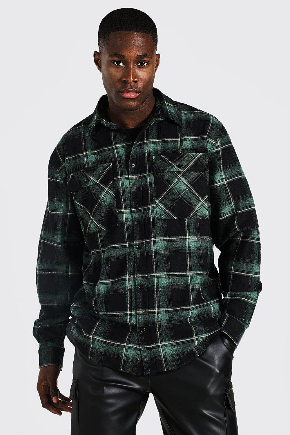 boohooMAN Long Sleeve Longline Flannel Shirt - Green - Size XS