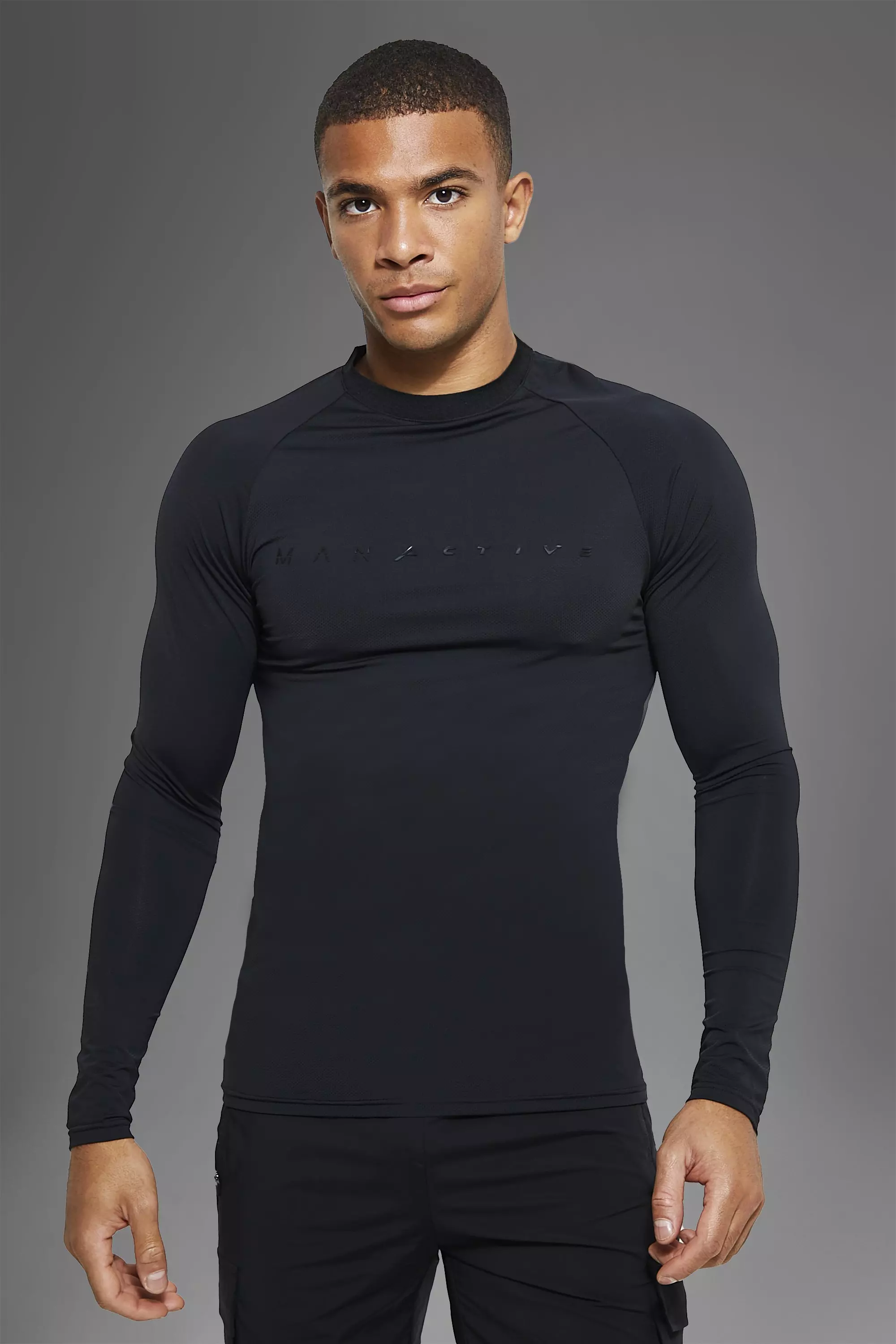 Man Active Gym Tech Long Sleeve Muscle Fit Top Black