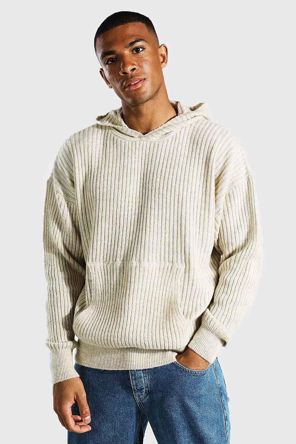 Brushed Knitted Ribbed Hoodie boohooMAN UK