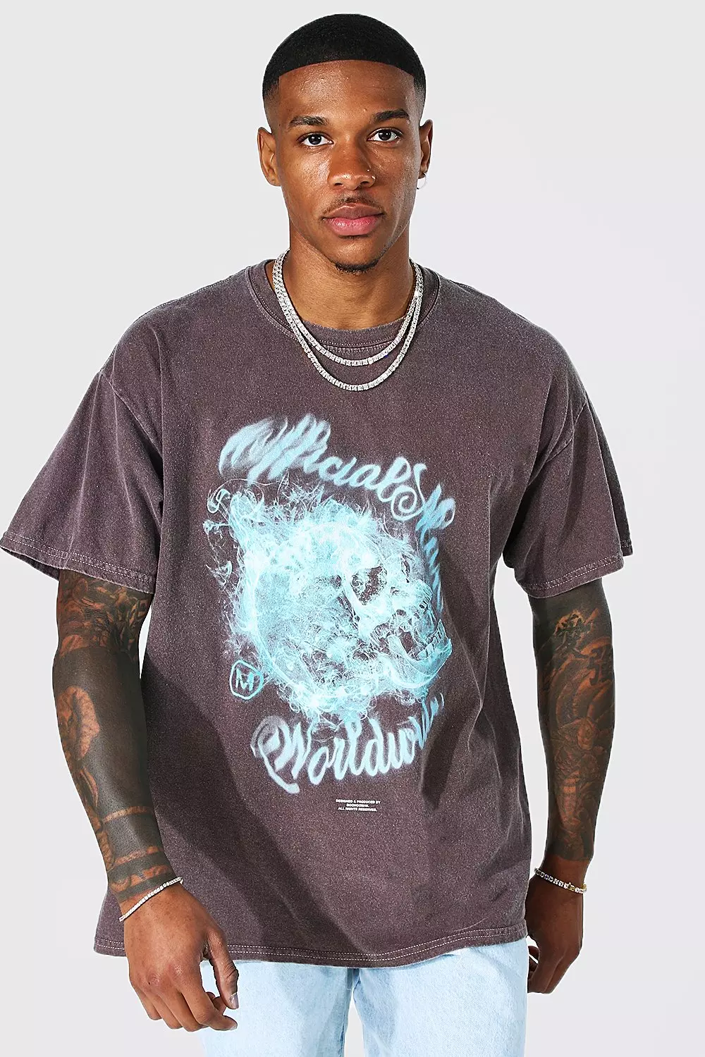 Brown Oversized Overdyed Skull Graphic T-shirt