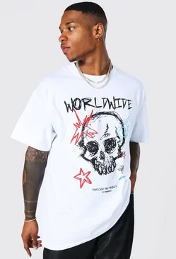 White Oversized Skull Graffiti Print T-shirt